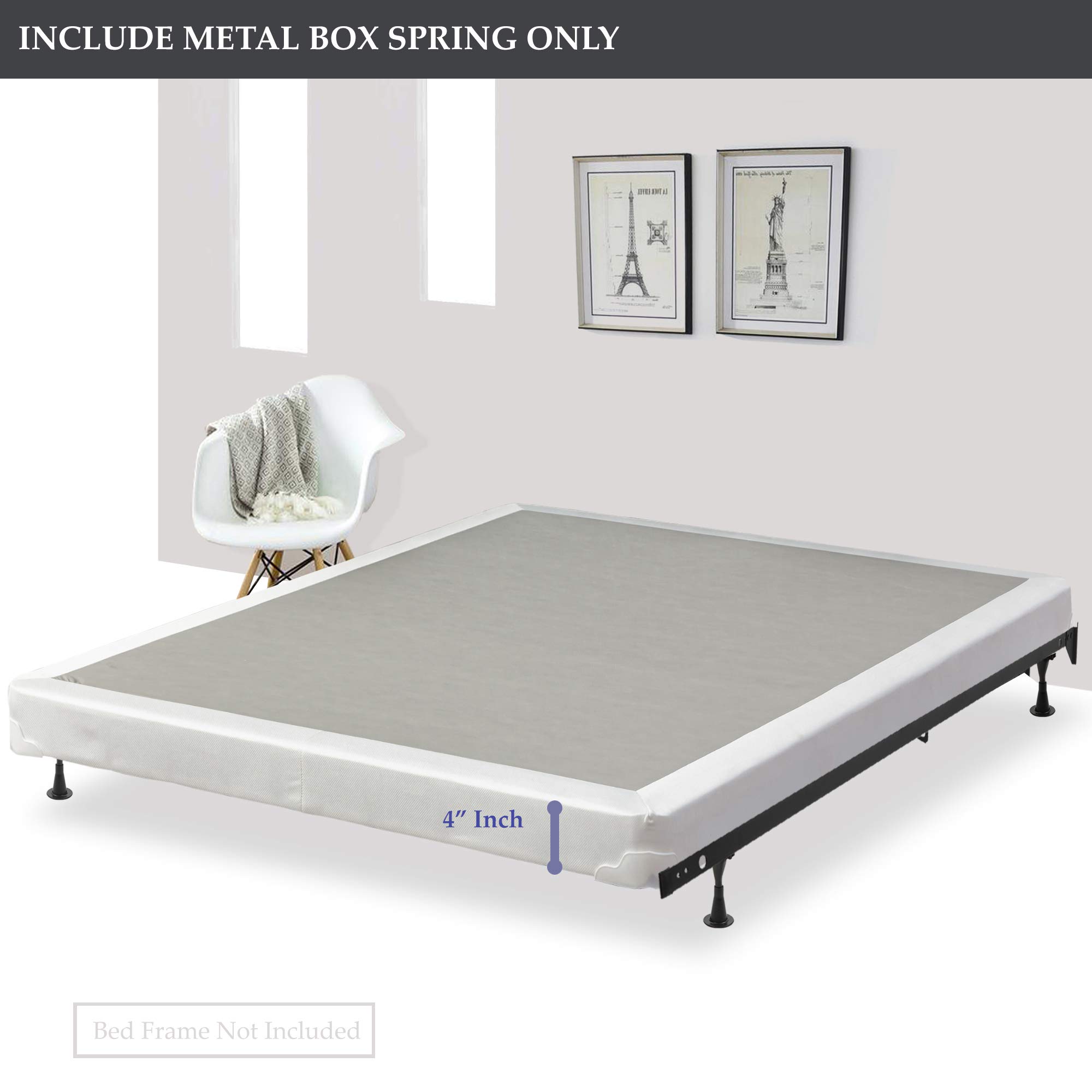 Low Profile Fully Assembled Metal Box Spring Foundation for Queen Size Mattress - Sturdy & Durable Support - Perfect for Bedroom, Guest Room & Dorm Use