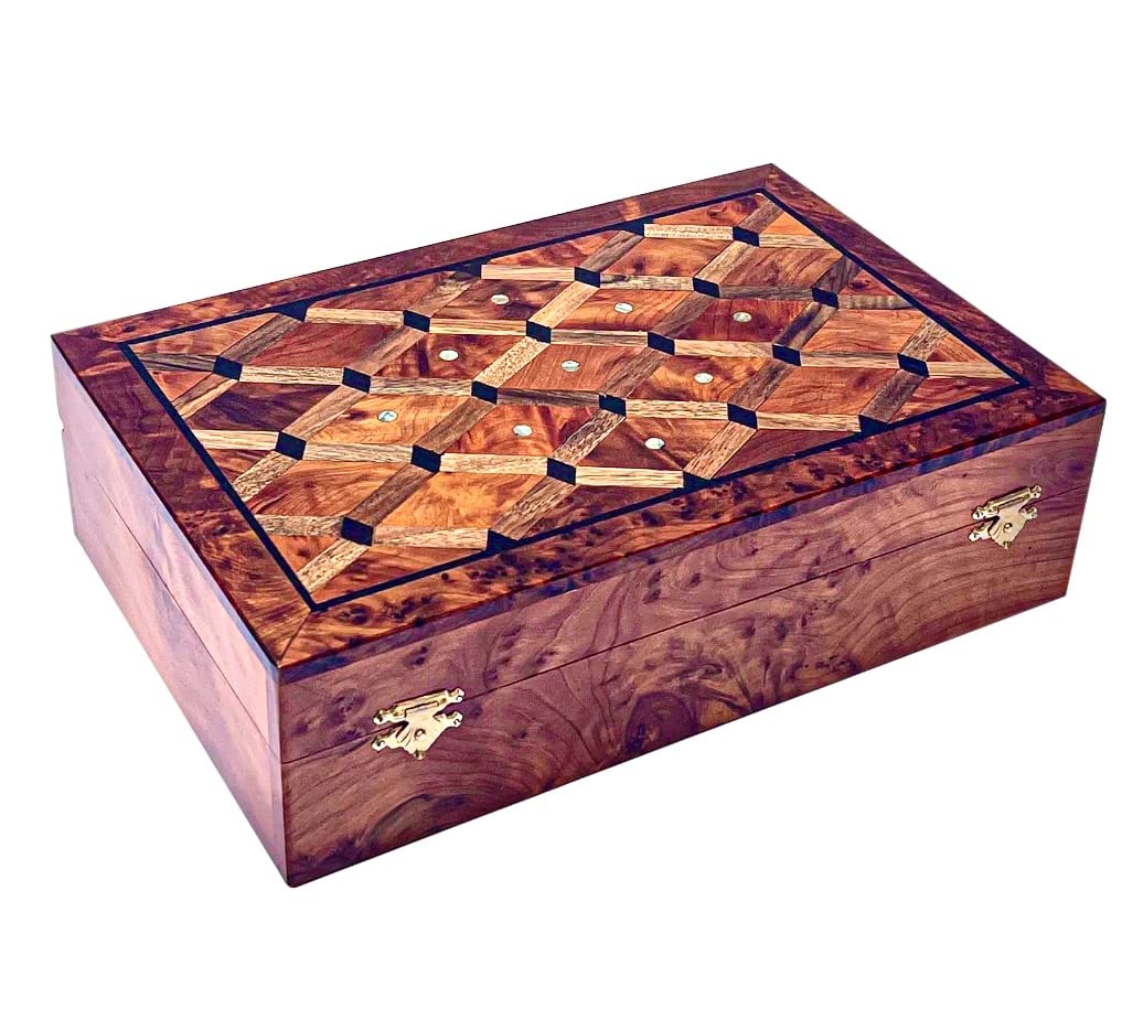 Hand Carved Wooden Jewelry Box - Thuya Burl with Ebony Wood & Mother of Pearl Inlay - Large Antique Keepsake Storage Box for Rings, Necklaces & Valuables - Perfect for Home Decor, Gift Giving & Organizing Jewelry