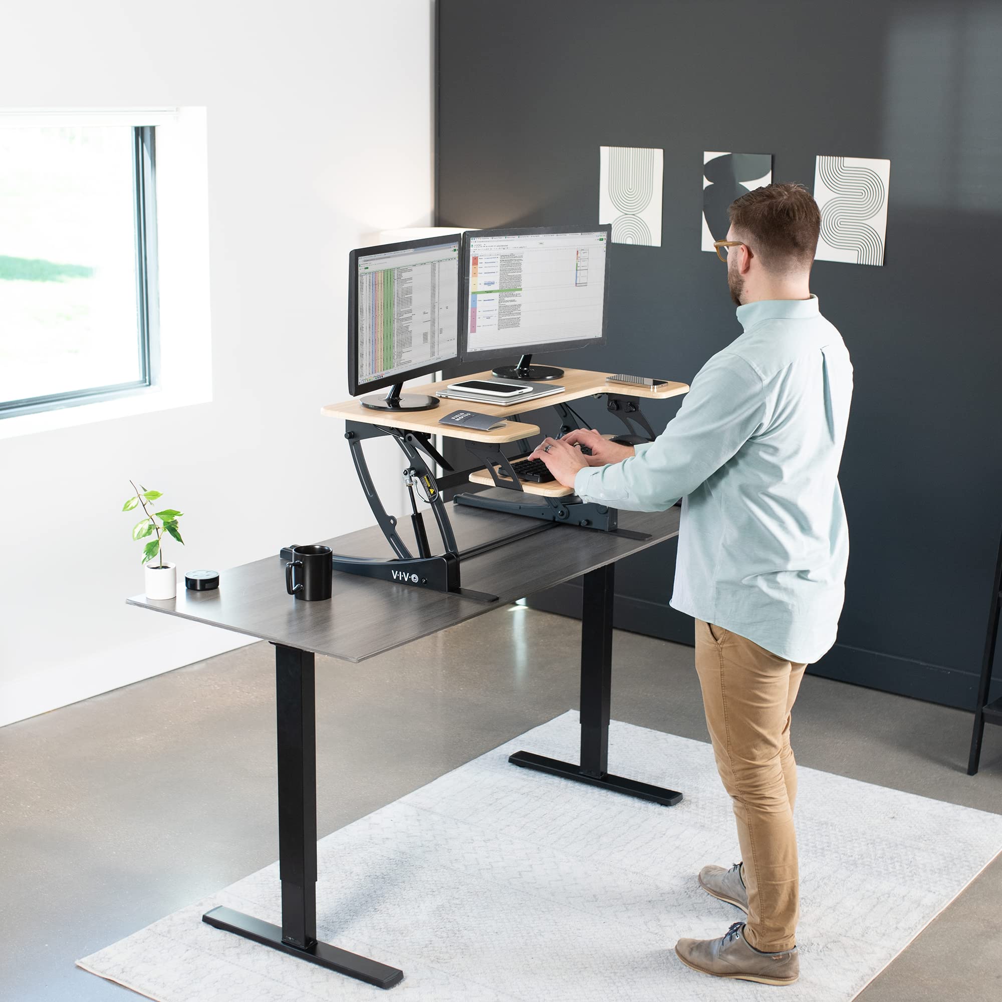 VIVO V Series 36 Inch Height Adjustable Stand Up Desk Converter - Quick Sit to Stand Tabletop Dual Monitor Riser Workstation with Light Wood Top & Black Frame (DESK-V000VO) - Perfect for Home Office, Gaming Setup & Workspace Ergonomics