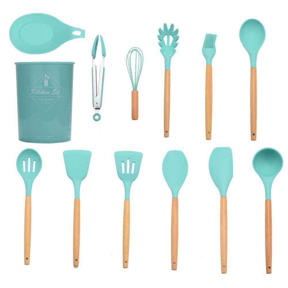 13-Piece Silicone Kitchen Utensil Set with Wooden Handles - Nonstick Spatula, Spoon, Turner - Essential Cookware Accessories for Baking, Cooking & Grilling - Perfect for Home Kitchens & Professional Use