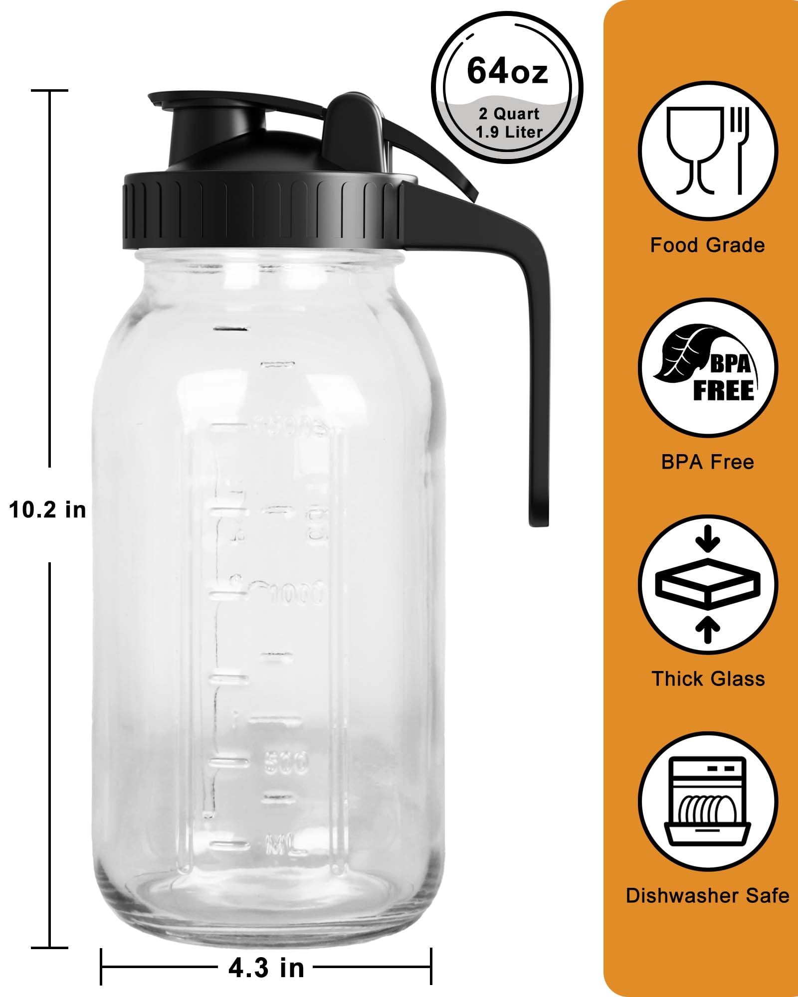 64 oz Mason Jar with Pour Spout - 2 Quart Glass Pitcher with Airtight Lid - Perfect for Iced Tea, Juice, Milk, Coffee & Sun Lemonade - Great for Home, Kitchen, Camping & Entertaining - Set of 1 (Black)
