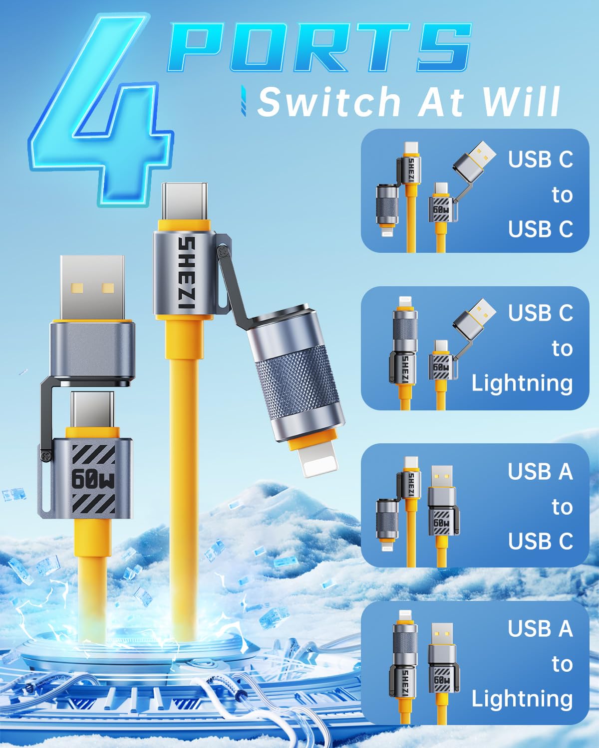 4-in-1 USB C to Lightning Cable 60W Fast Charging & Data Sync Cable - iPhone 16/15/14/13, iPad, MacBook Charger with Lightning/USB-C/USB-A Ports (3FT Yellow) [SHEZI Series] | Perfect for Home, Office & Travel Charging