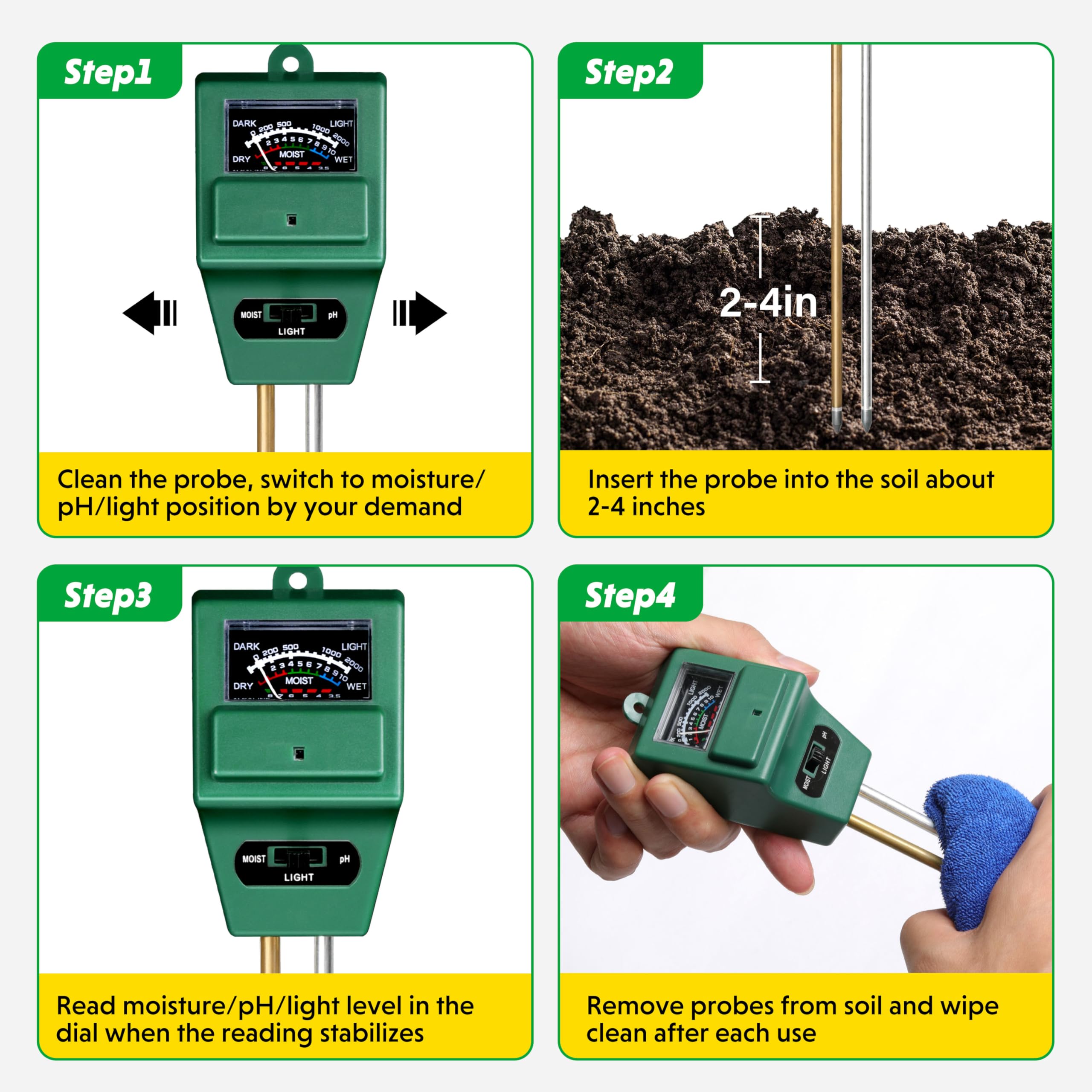 iPower 4-Pack 3-in-1 Soil Moisture/Light/pH Meter Tester Kit - Digital Plant Care Tool for Indoor Outdoor Gardening, Lawn, Farm, Houseplants - Green Square Design (Perfect for Home Gardeners & Professional Growers)