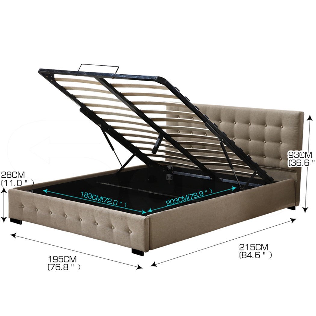 King Size Gas Lift Storage Bed Frame with Upholstered Headboard - Beige Fabric | Modern Platform Bed for Master Bedroom, Guest Room, or Small Space | Easy Assembly & Underbed Organization