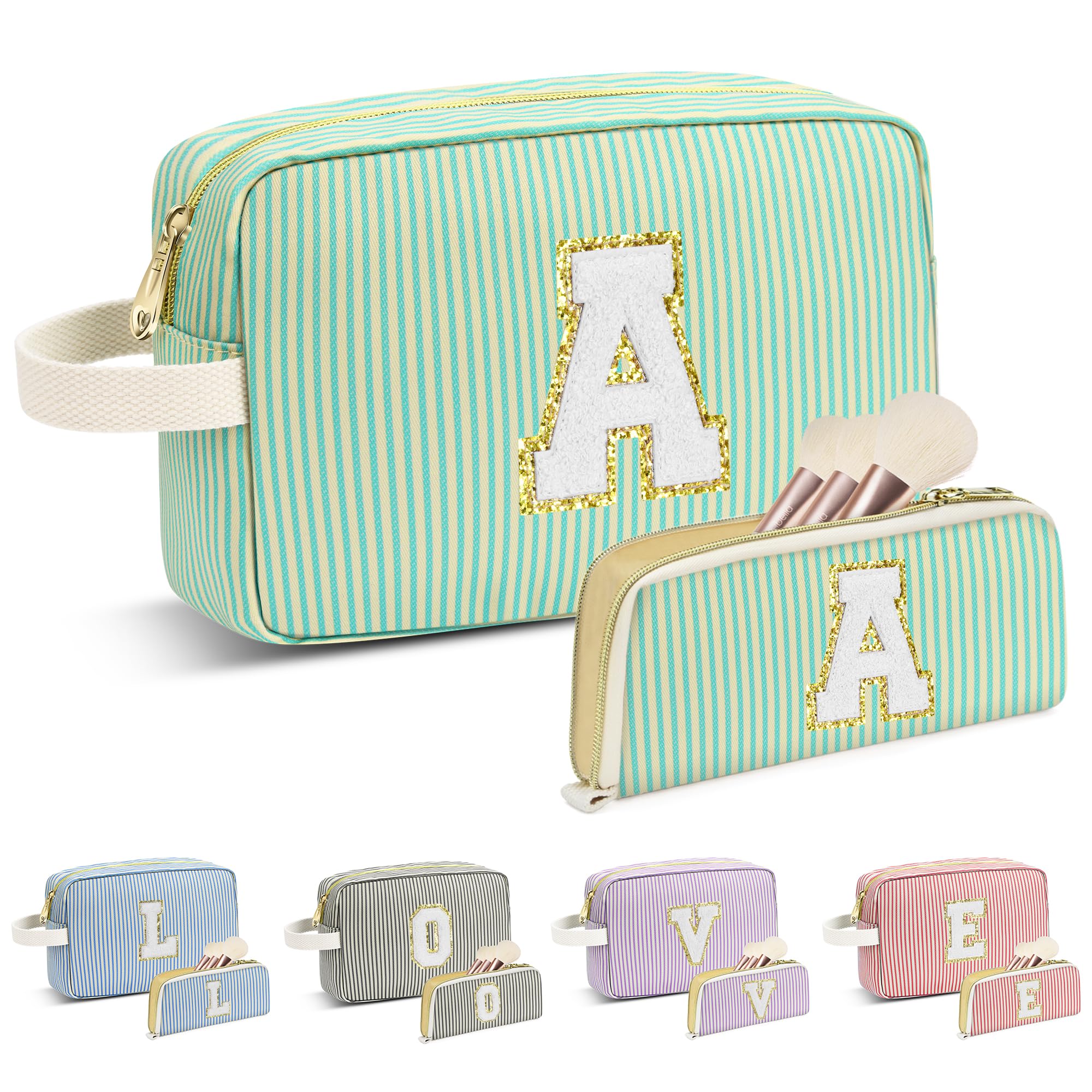 Personalized Initial Makeup Bag Set for Women & Teens - Cute Cosmetic Travel Pouch with Handle & Makeup Brush Organizer (Green & White Stripes) | Perfect Gift for Birthdays, Travel, and Daily Skincare Routine