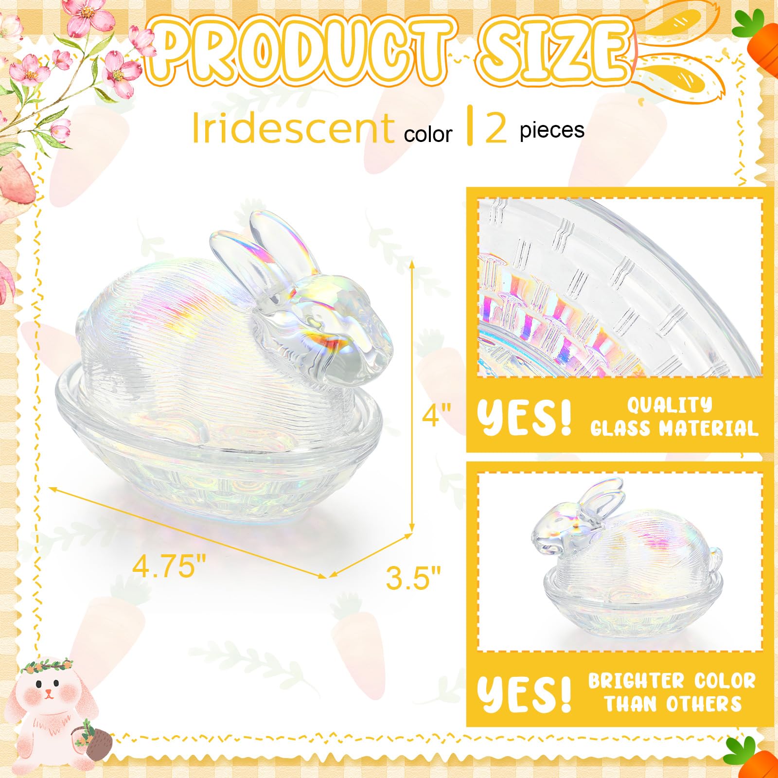 Domensi 2-Piece Easter Glass Candy Dish Set with Lid - Bunny Jar Candy Bowl for Holiday, Office, Home & Kitchen - Perfect for Easter Decor, Party Serving & Gift Giving (Iridescent)