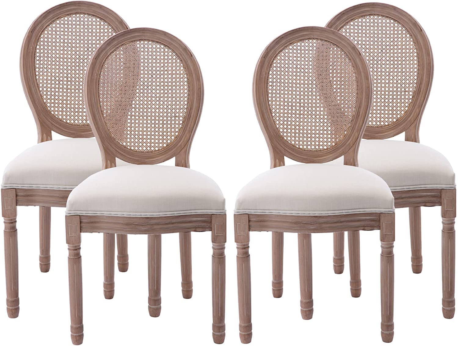 French Country Dining Chairs Set of 4 - Farmhouse Rattan Chairs with Round Back & Solid Wood Frame - Cane Back Upholstered Kitchen Dining Room Chairs for Home, Restaurant, Cafe & Outdoor Patio