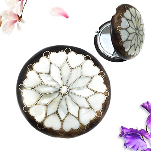 Handcrafted Mother of Pearl Inlaid Wooden Makeup Mirror with Magnifying & Light - Portable Travel Compact Mirror for Women's Purse | Perfect Christmas Gift for Her, Birthday Present, Bridal Shower Favor (Heart Design)