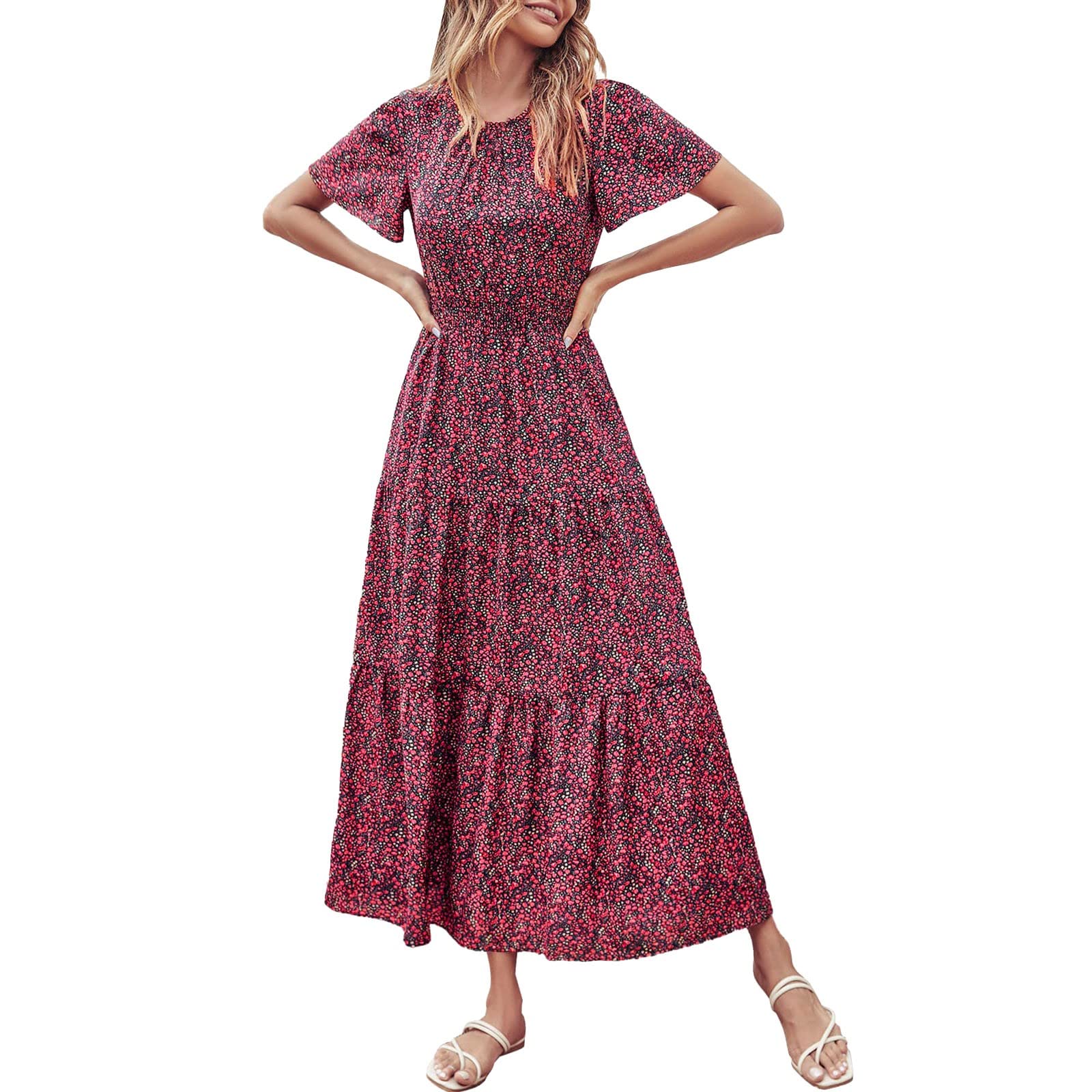 Women's Boho Floral Maxi Dress - Short Sleeve Crew Neck Smocked Waist Tiered Sun Dress for Summer | Beach Vacation, Garden Party, Casual Outfit
