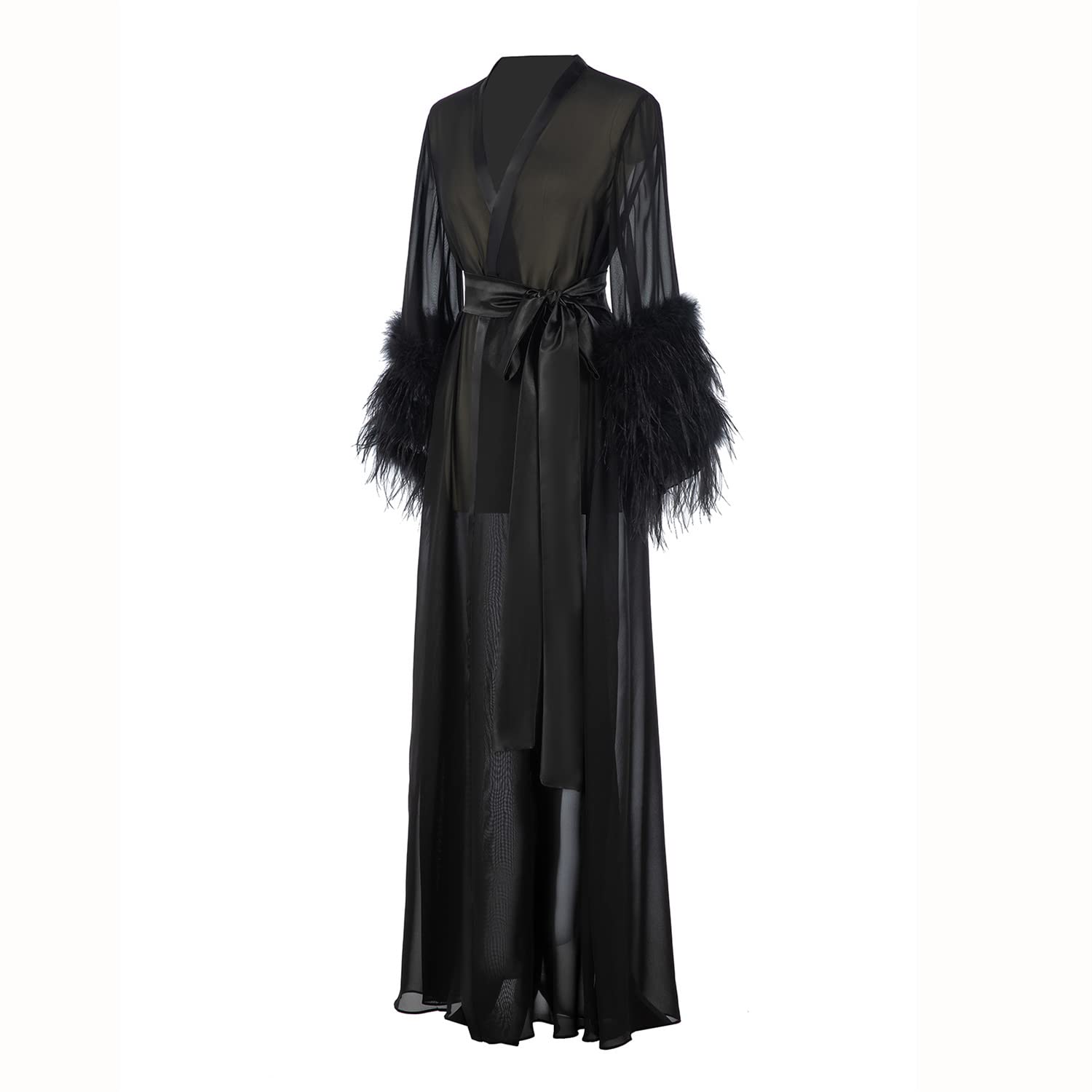 Women's Feather Trim Sheer Chiffon Lingerie Robe - Bridal Nightgown, Bathrobe & Sleepwear for Wedding, Honeymoon, Boudoir Photography and Romantic Occasions