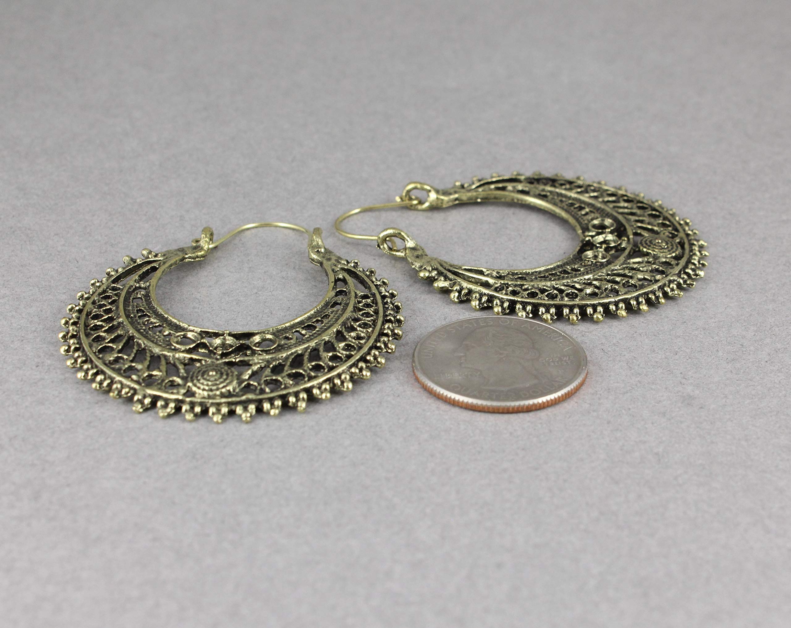 Antique Silver Gold Hoop Earrings with Filigree Medallion - 1 7/8