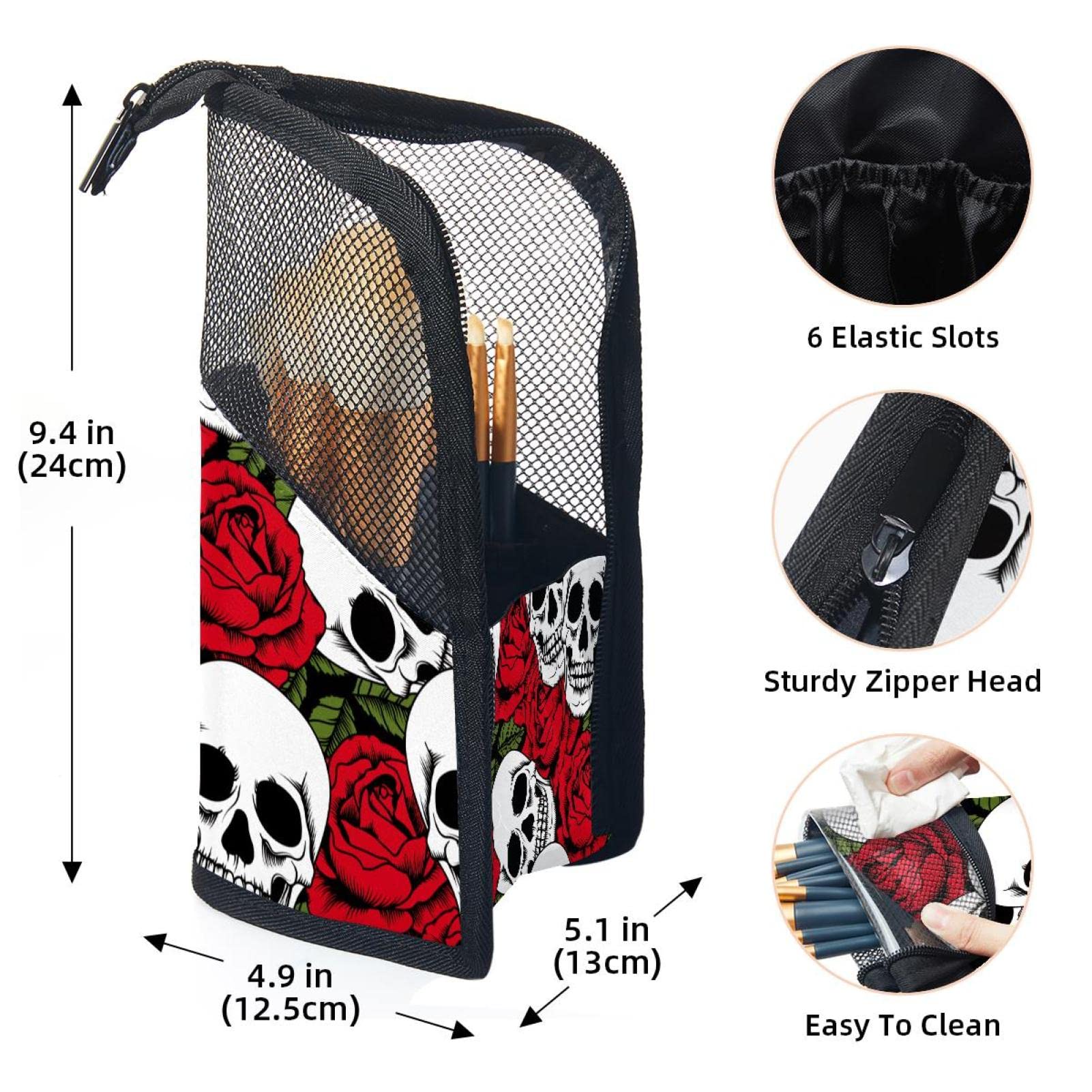 Premium 12-Piece Makeup Brush Organizer Bag with Skull Rose Design - Portable Cosmetic Brush Holder Case for Travel, Home & Professional Makeup Artists