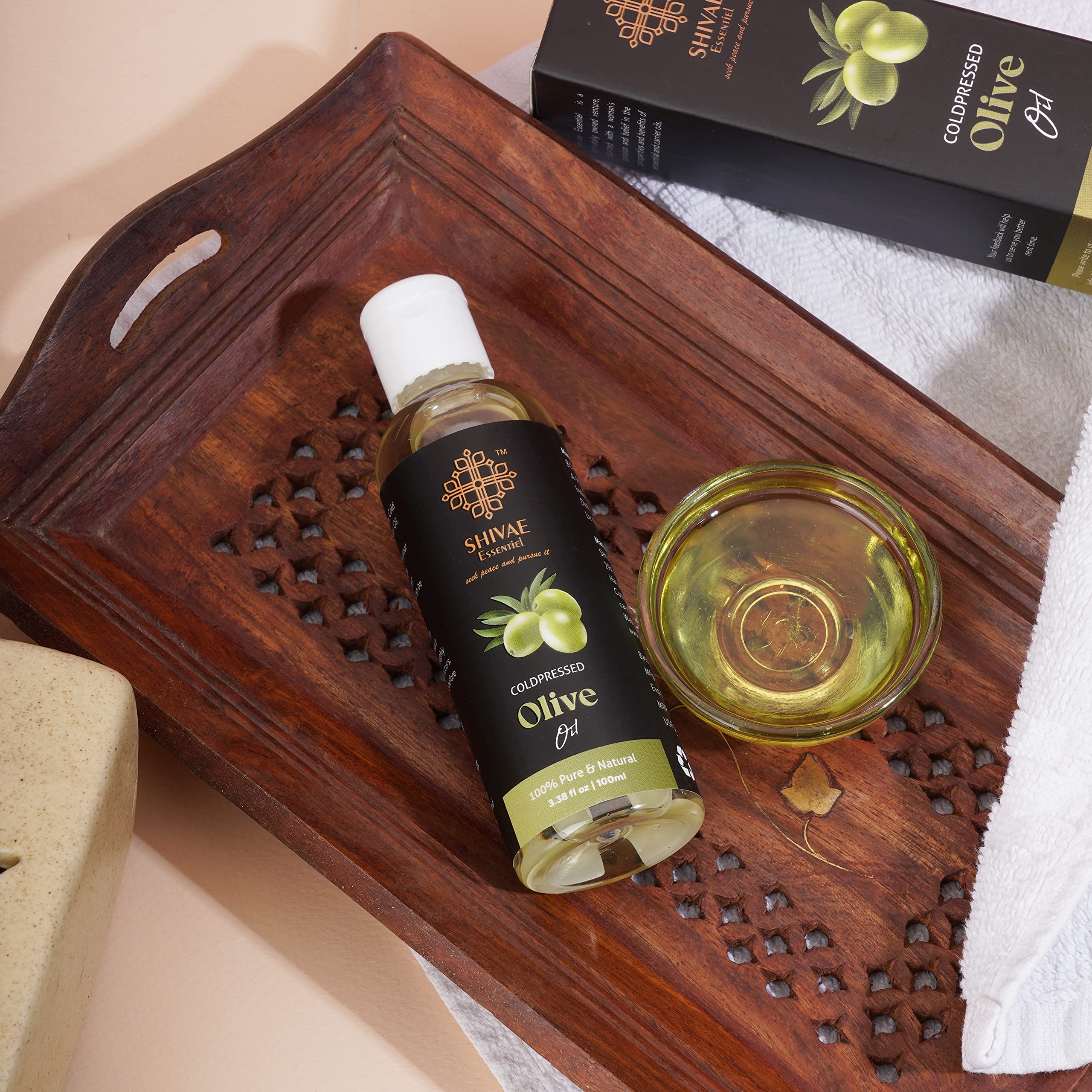 SHIVAE Essentiel Cold Pressed Olive Oil for Skin & Hair (100 ML) - 100% Natural & Pure, FDA Approved, with Glass Dropper - Deep Moisturizing, Calming Scent - Perfect for Dry Skin, Hair Care, Massage & Aromatherapy at Home or Spa
