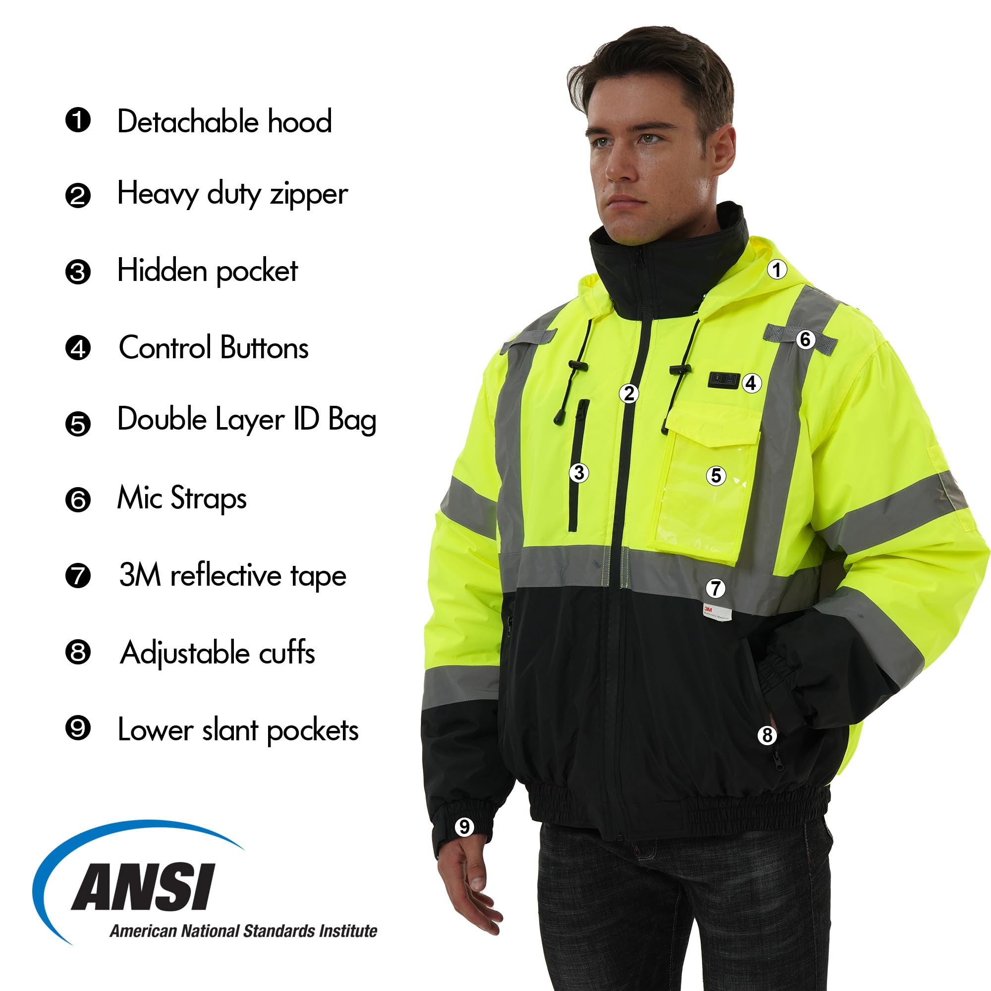 SKSAFETY Class 3 Hi-Vis Waterproof Heated Bomber Jacket with 3M Reflective Tape - Professional Safety Work Coat for Construction & Outdoor Winter Wear (Lime Green, Medium) - Ideal for Cold Weather Work Sites, Road Construction & Nighttime Visibility