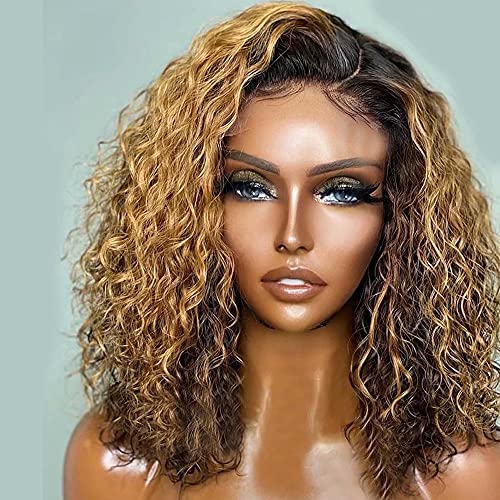 Brazilian Remy Human Hair Short Bob Wig - 16inch 180% Density 13x6 HD Transparent Lace Front Wig with Baby Hair (1B/27 Ombre Brown Honey Blonde) | Glueless & Pre-Plucked | Perfect for Daily Wear, Cosplay & Special Occasions