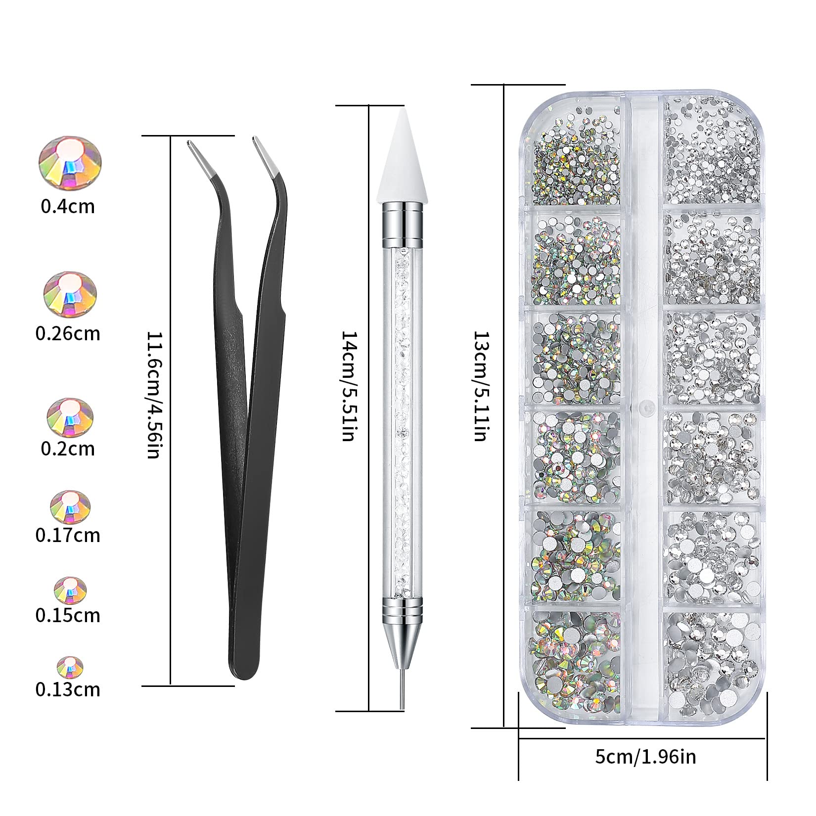 Wugongshan Flat Rhinestones for Nail Art - 1200pcs Sparkling Nail Gems with Tweezers & Pickup Pen - DIY Nail Design Crystal Decorations for Manicure, Pedicure & Nail Salon Use