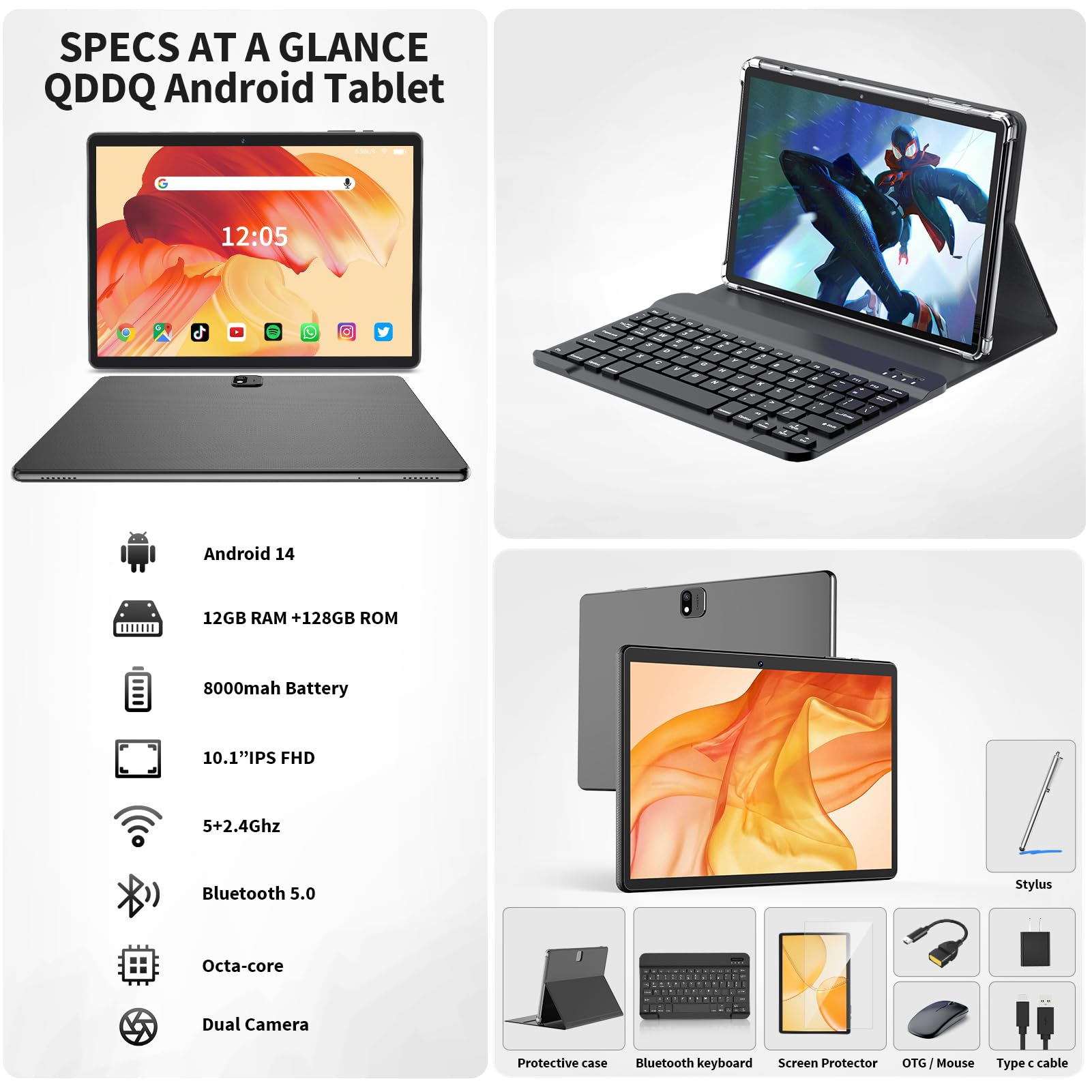2-in-1 Android 14 Tablet with Keyboard - 10 Inch 12GB RAM 128GB Storage (1TB Expandable) - Includes Case, Mouse & Stylus - 8000mAh Battery, Dual-Band WiFi, GPS - Perfect for Work, Study & Entertainment - Black