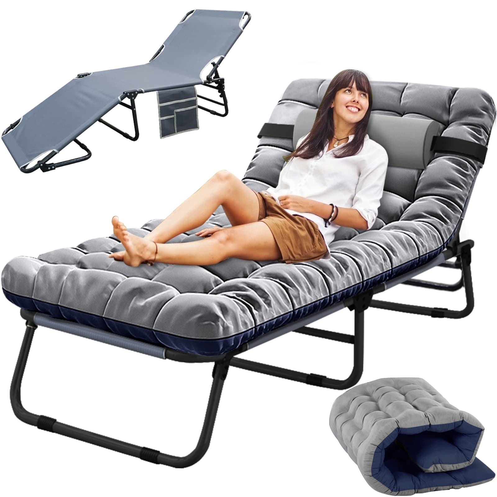 SLSY 4-Fold Portable Folding Cot for Adults - Lightweight Camping Bed, Outdoor Lounge Chair for Beach, Pool, Lawn & Sun Tanning - Perfect for Travel, Picnics and Relaxation in Backyard or Patio