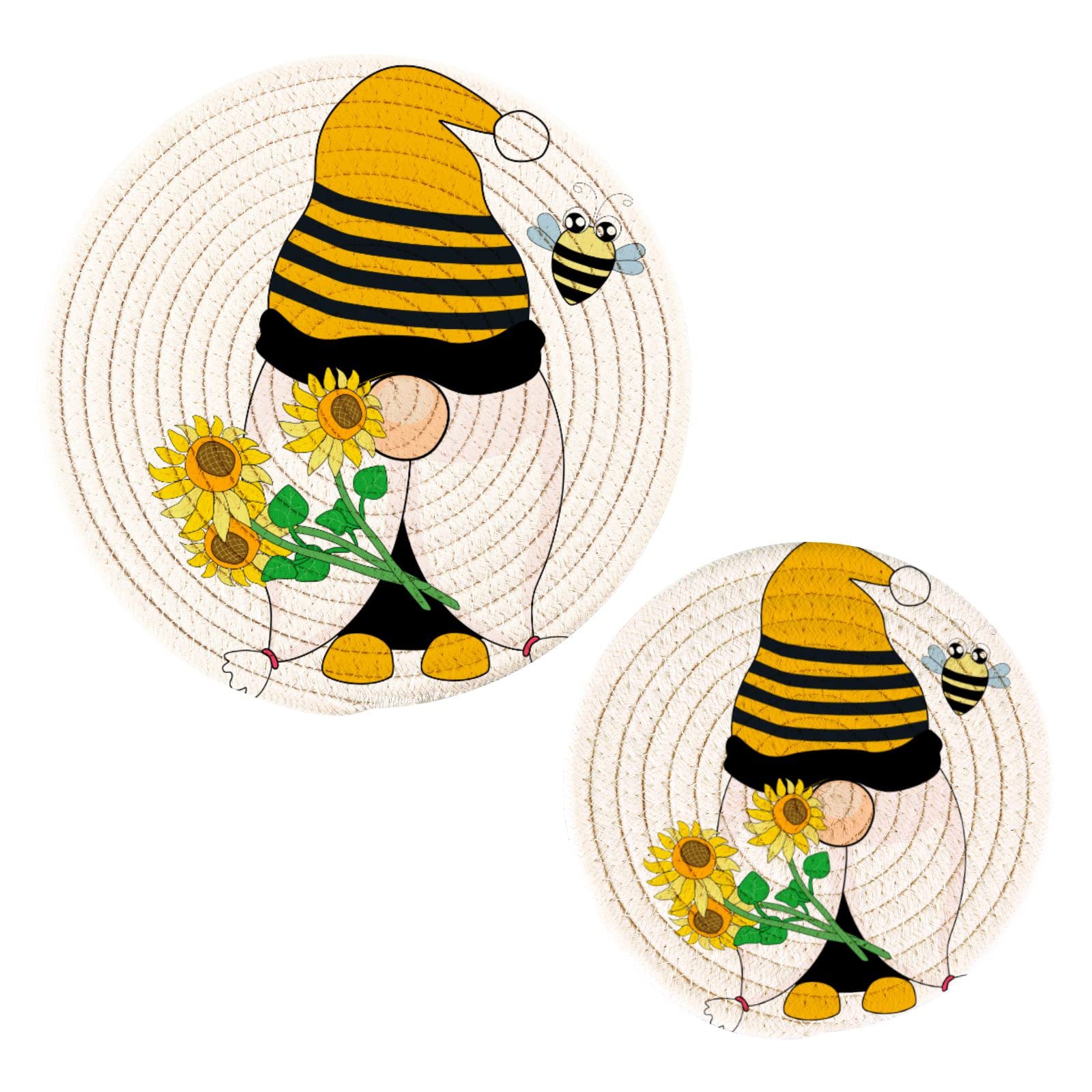 Gnome Sunflower Bee Pot Holders Set of 2 - Heat Resistant Kitchen Potholders & Trivets for Hot Pans, Pots, Bowls & Teapots - Thread Weave Coasters for Cooking, Baking & Home Decor - Perfect for Farmhouse & Rustic Kitchens