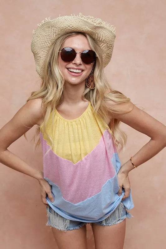 BiBi Triblend Knit Color Block Halter Neck Top - Women's Fashion Casual T-Shirt for Summer, Beach & Party Outfits