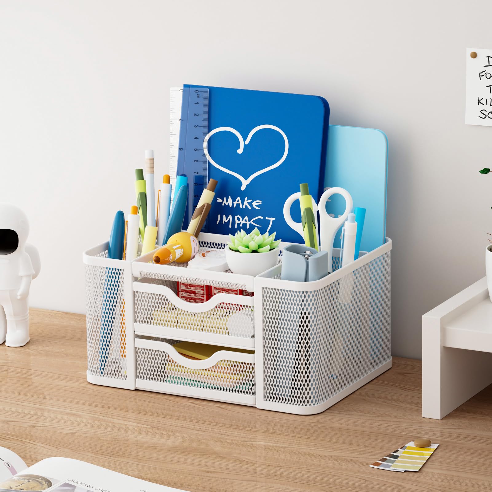 Marbrasse Mesh Desk Organizer with 2 Drawers - Multi-Functional Pen & Pencil Holder for Office, School, or Home - 5 Compartments + Storage Drawer for Art Supplies, Stationery & Desk Accessories (White) - Perfect for Organizing Workspace, Study Table or Craft Room