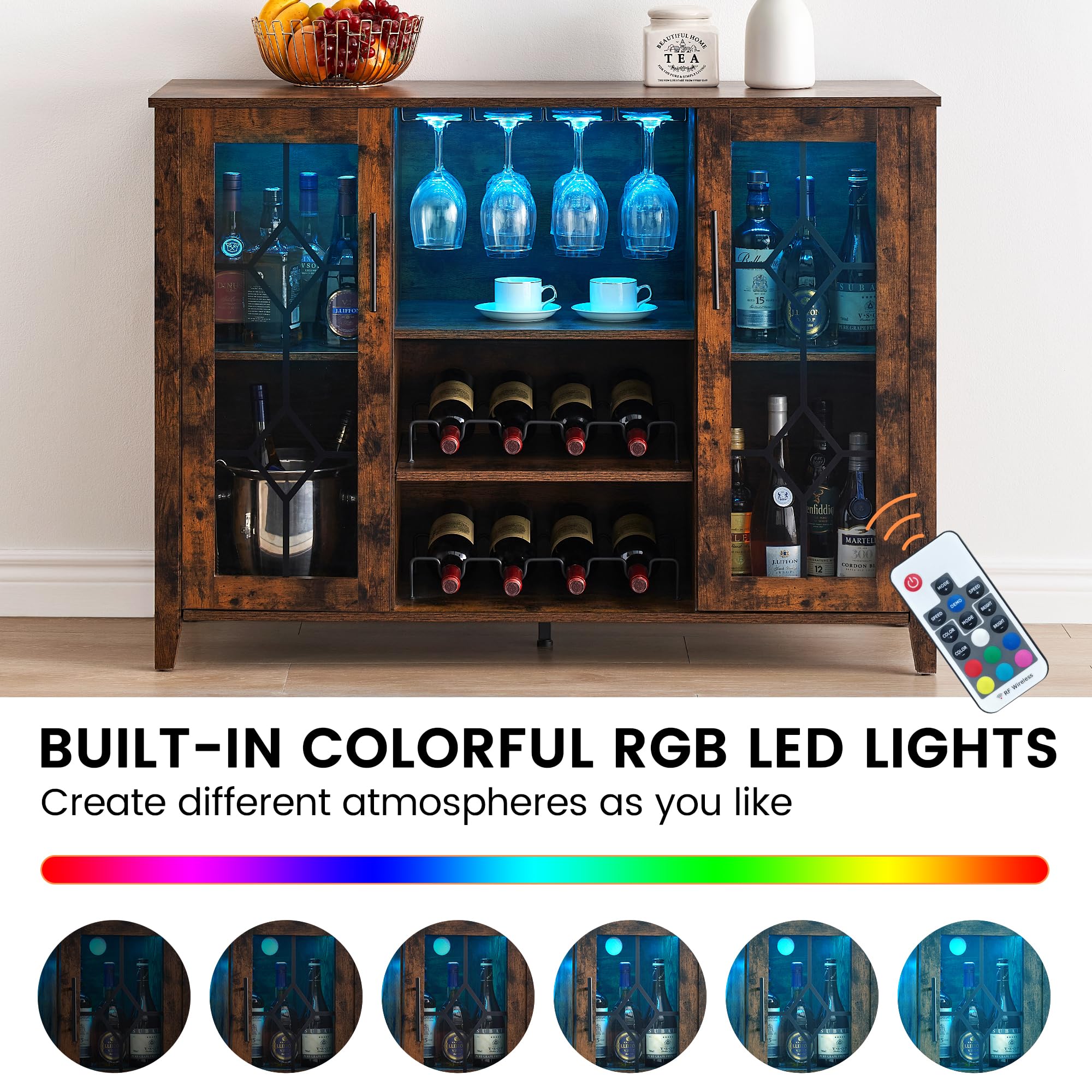GAOMON Rustic Brown Wine Bar Cabinet with LED Lights - Home Coffee & Liquor Storage Cabinet with Glass Rack, Kitchen Buffet Sideboard for Dining Room, Bar - Perfect for Entertaining Guests & Organizing Glassware