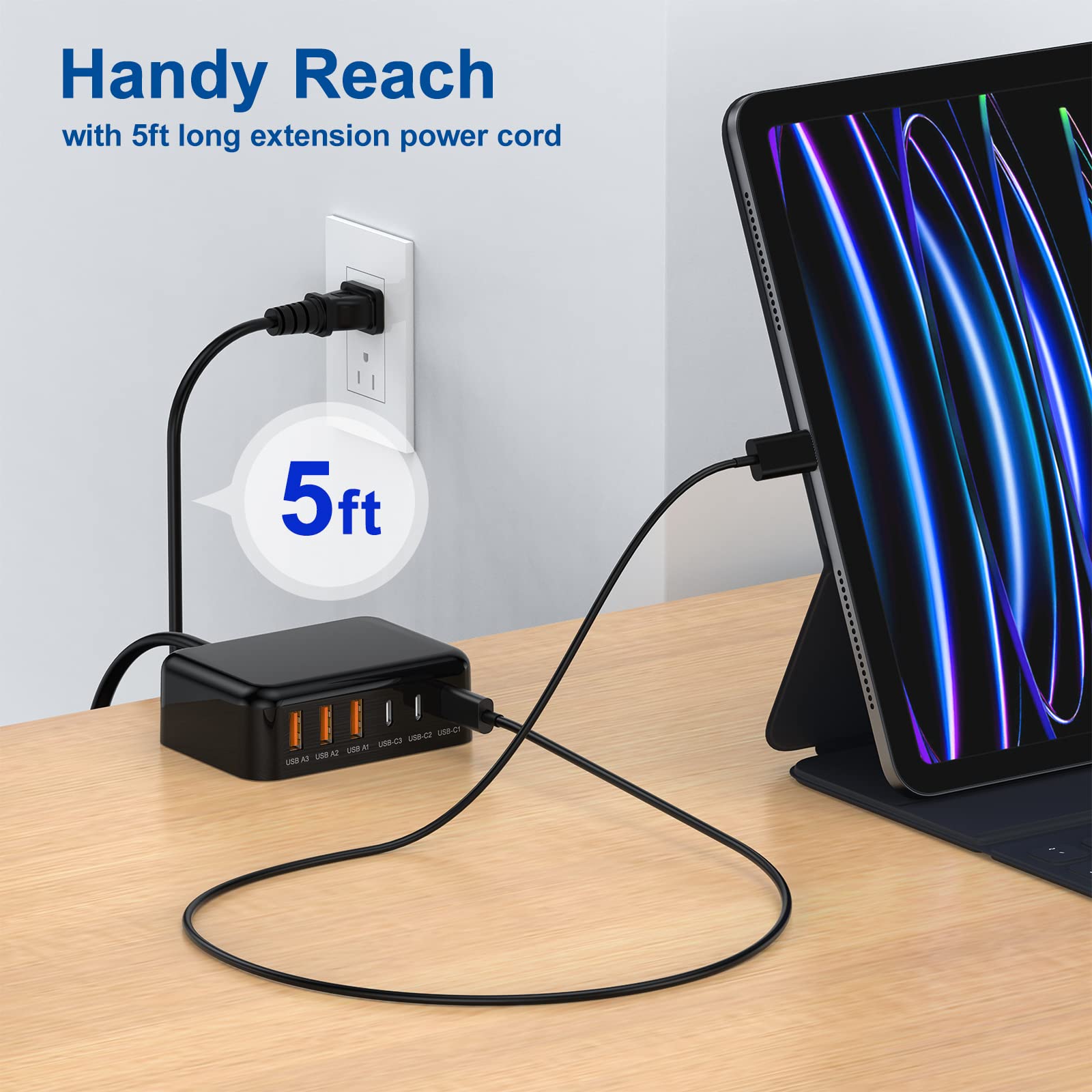 100W USB C Wall Charger, Excgood 6-Port GaN Fast Charging Station with USB-C & USB-A Ports - Compact Desktop & Travel Charger for iPhone 16/15 Pro Max, Galaxy, iPad, Apple Watch - Includes 5ft Extension Cord - Perfect for Home, Office & Travel Charging Needs