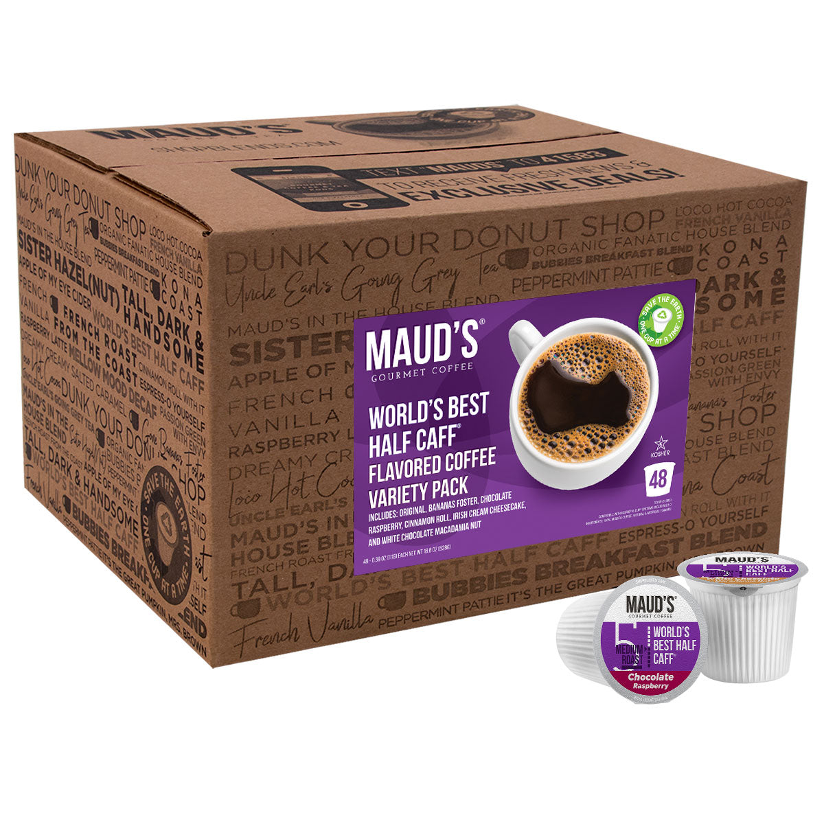 Maud's World's Best Half Caff Flavored Coffee Pods Variety Pack (6 Blends) - Perfect for Home & Office Use, Compatible with Keurig 2.0 K-Cup Brewers