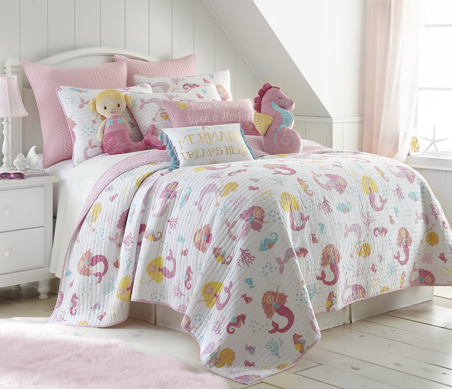 Levtex Home Marina Full/Queen Cotton Quilt Set - Soft Pink & White Mermaid Design | Coastal Bedroom Decor, Beach House Bedding, Girls' Room Essentials