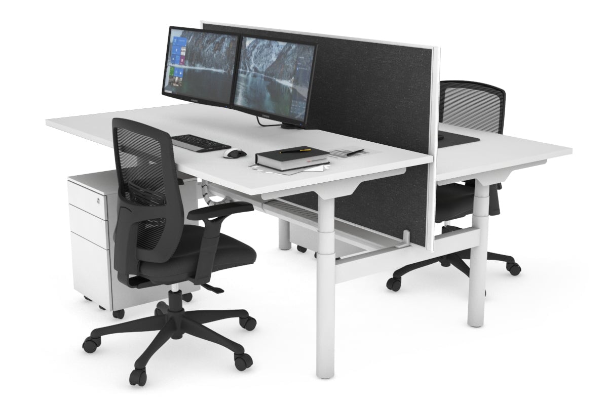 Flexi Premium Height Adjustable 2-Person H Bench Workstation - White Frame (1600L x 800W) with Cable Management | Ergonomic Office Desk for Home & Workspace