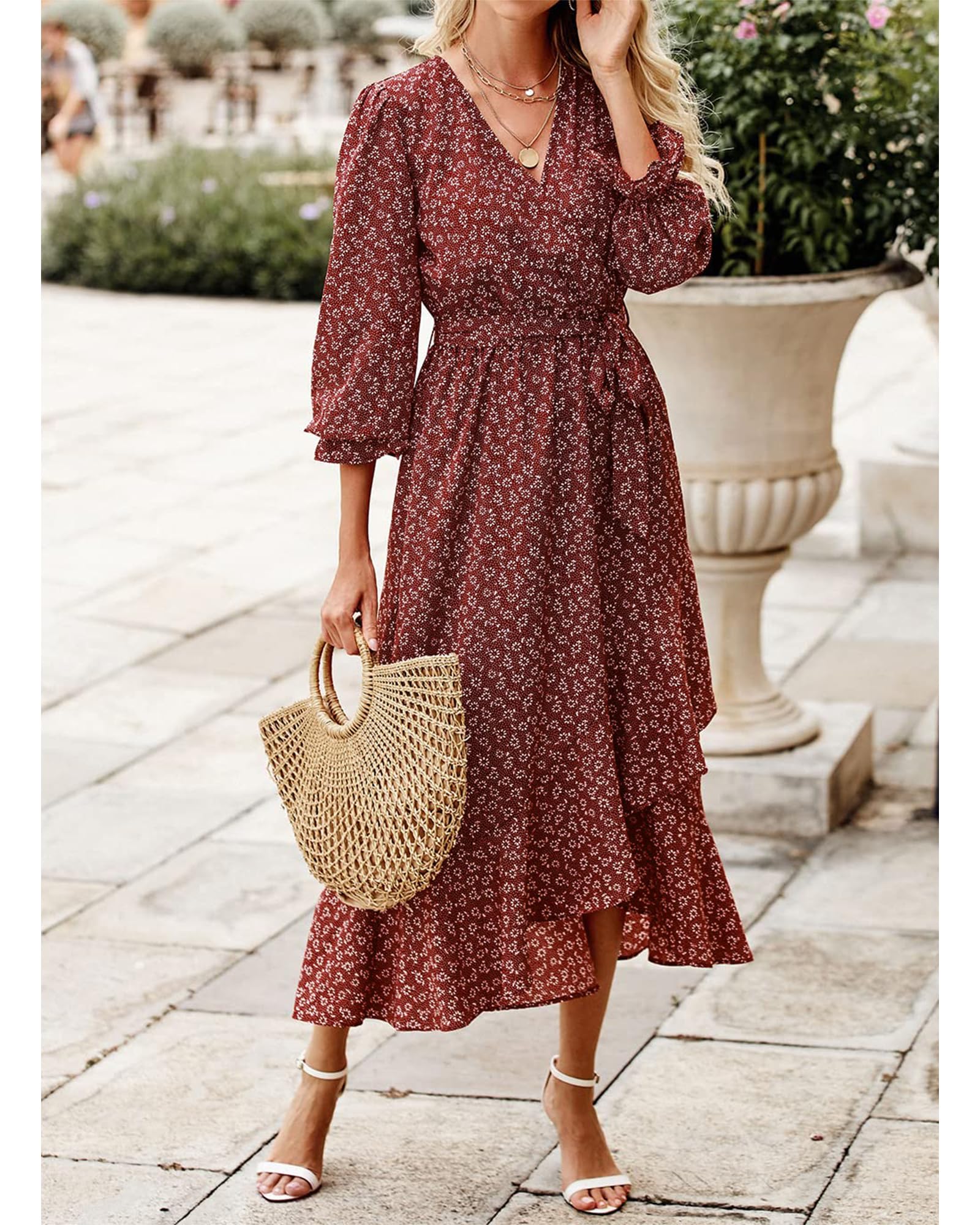 BTFBM Women's Floral Boho Long Sleeve Dress - V Neck High Waist Ruffle Summer Dress for Wedding Guest, Spring & Summer Fashion 2025 | Perfect for Garden Parties, Bridal Showers & Casual Elegant Occasions