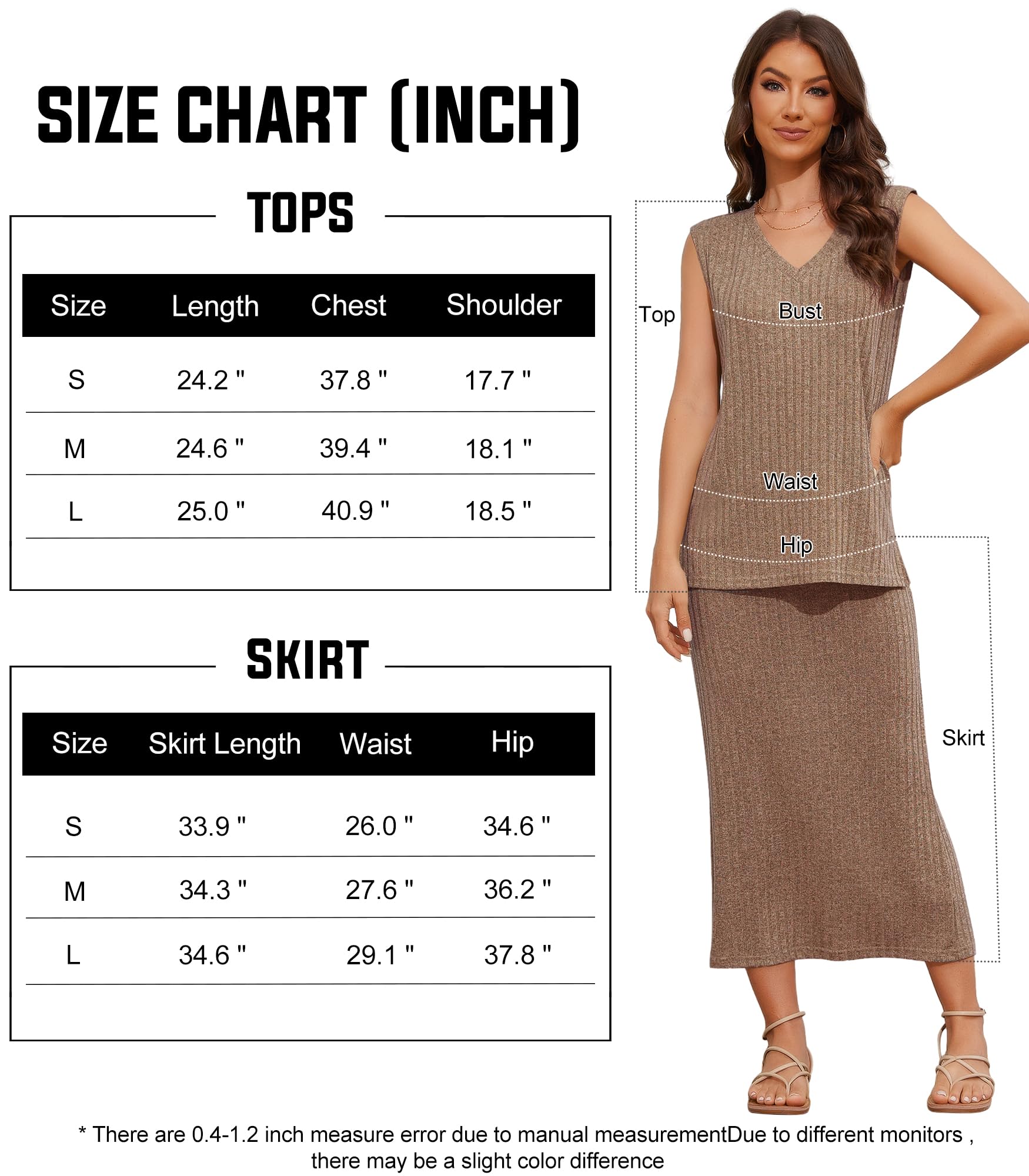 Women's Summer 2 Piece Outfit - Ribbed Knit V-Neck Sleeveless Vest Top & Elastic Waist Midi Skirt Set | Casual Vacation Outfit, Lounge Wear, Beach Cover Up, Brunch Outfit