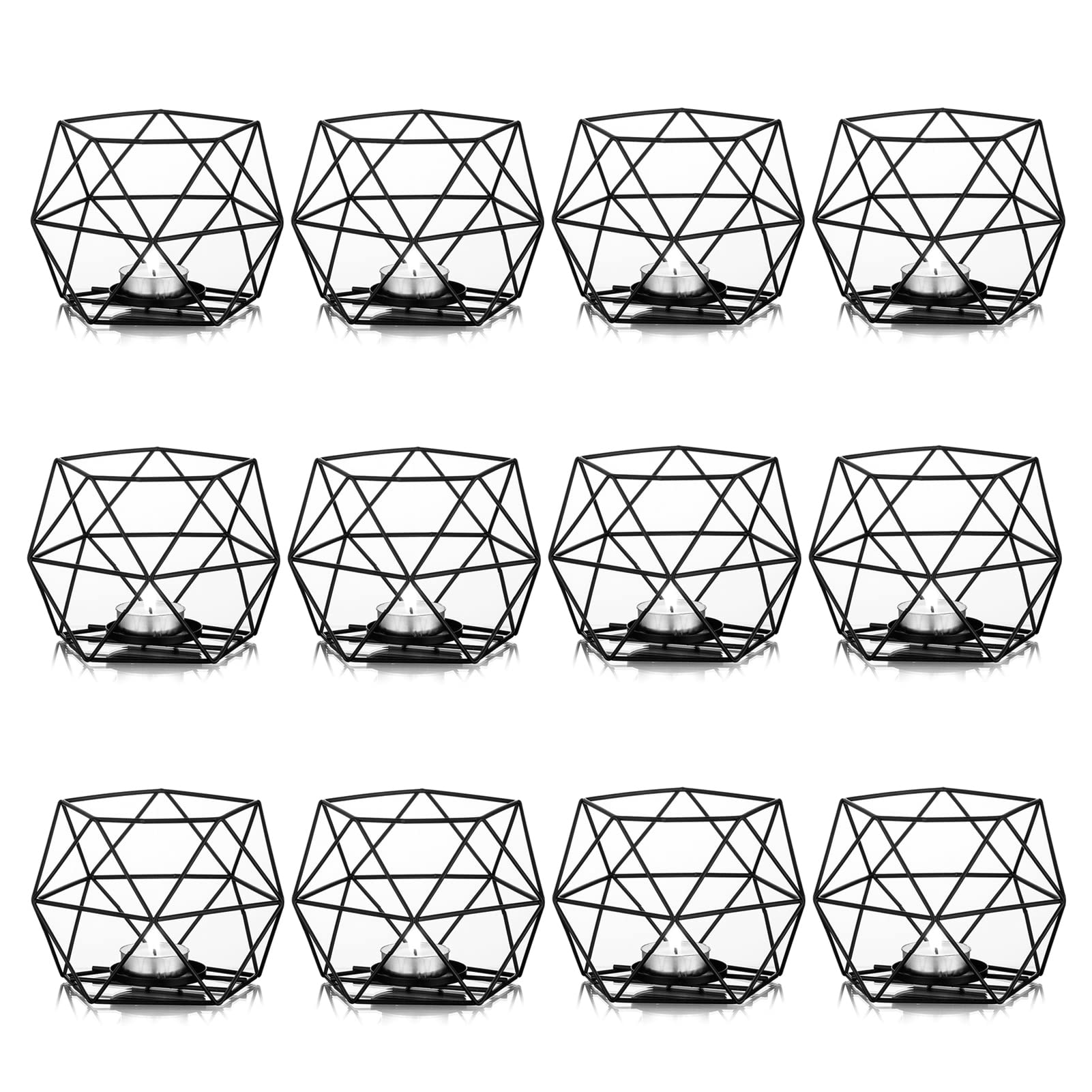 Black Metal Geometric Tea Light Candle Holders - Set of 12, Wedding & Home Decor Centerpieces for Coffee Tables, Ceremonies & Anniversaries | Perfect for Romantic Dinners, Holiday Decor & Party Lighting