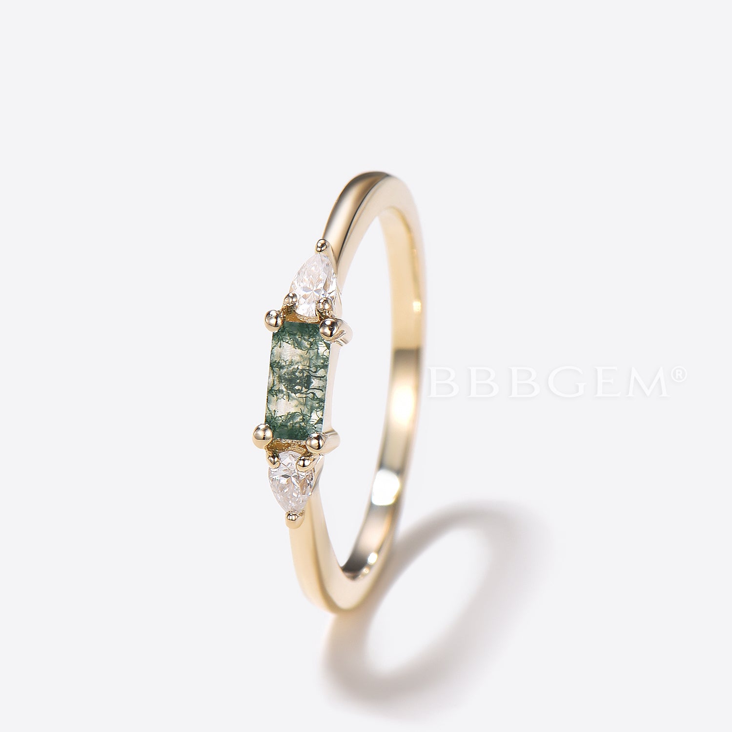 Minimalist Baguette Natural Moss Agate Wedding Band with Three Stone Diamonds - Elegant Stackable Ring for Women, Perfect for Engagement, Anniversary & Everyday Wear