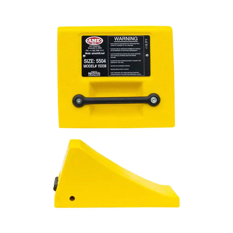 AME Yellow Polyurethane Wheel Chock with Handle for Trucks & Trailers (47-165 lbs Capacity) - Heavy Duty Vehicle Stabilization for Parking, Loading & RV Safety