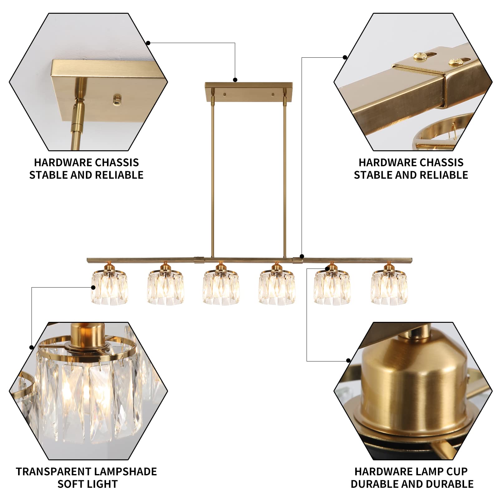 Modern Adjustable Brass Chandelier with Crystal Shade - 6-Light Linear Ceiling Pendant for Dining Room & Kitchen (48