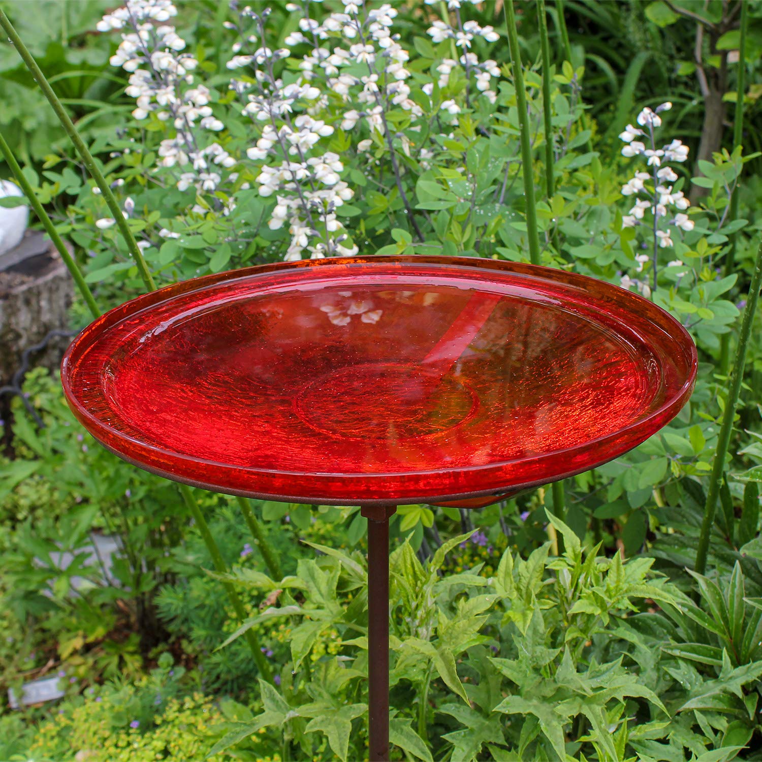 Achla Designs 14-inch Red Crackle Glass Birdbath Bowl with Stake - Perfect for Garden Decor and Attracting Birds to Your Backyard