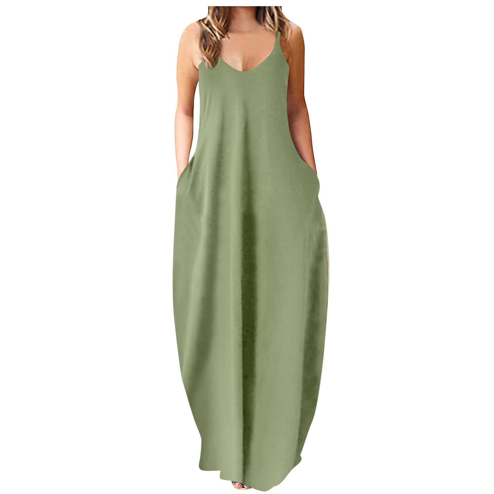 2023 Plus Size Sleeveless V-Neck Cami Maxi Dress for Women - Casual Loose Summer Dress with Pockets | Perfect for Beach, Vacation & Everyday Wear