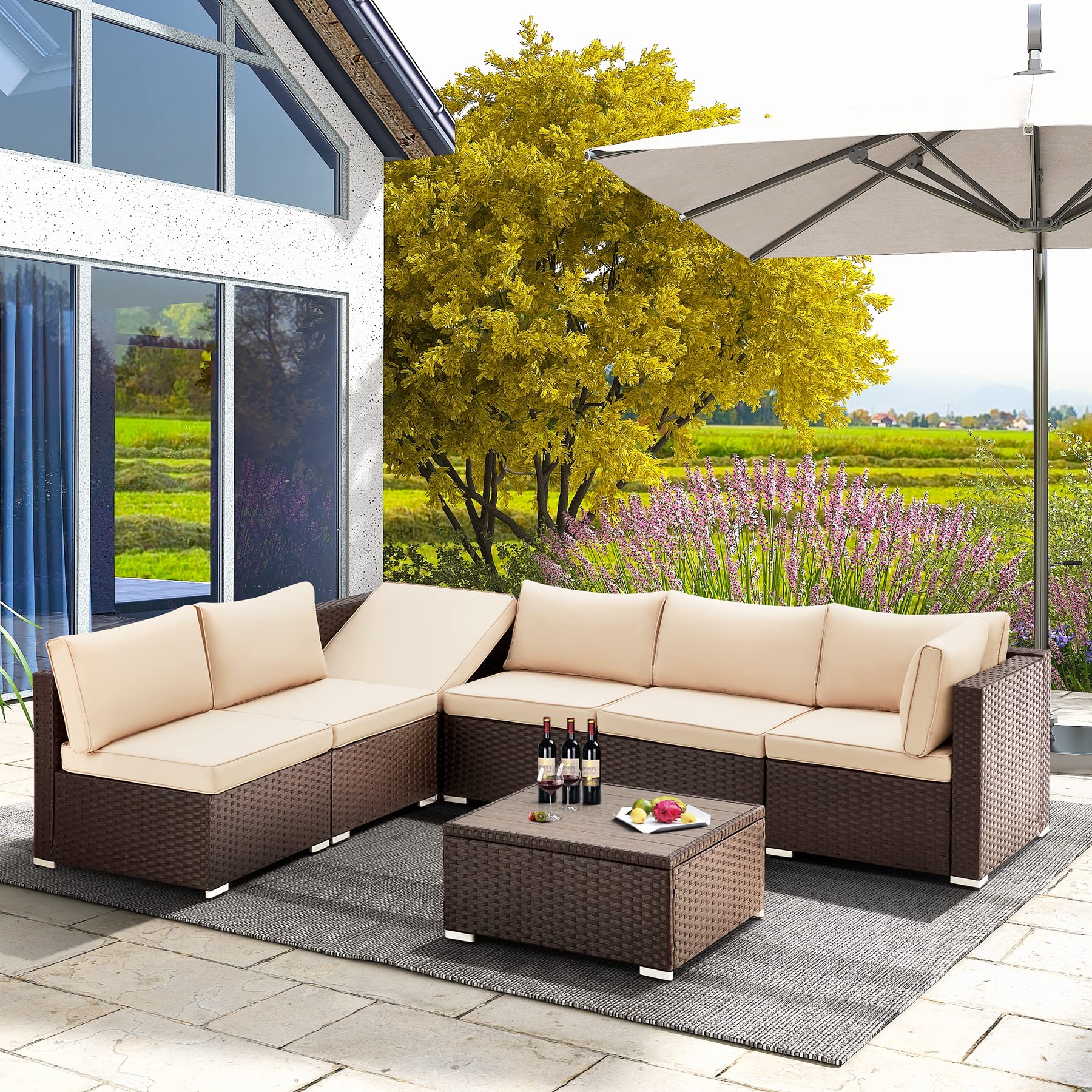 GYUTEI 7-Piece Outdoor Patio Furniture Set - Adjustable Conversation Sofa with 7-Position Reclining Bracket, Weather-Resistant Sectional Couch for Garden, Backyard, Porch & Poolside (Khaki) | Perfect for Relaxing, Entertaining & Sunbathing