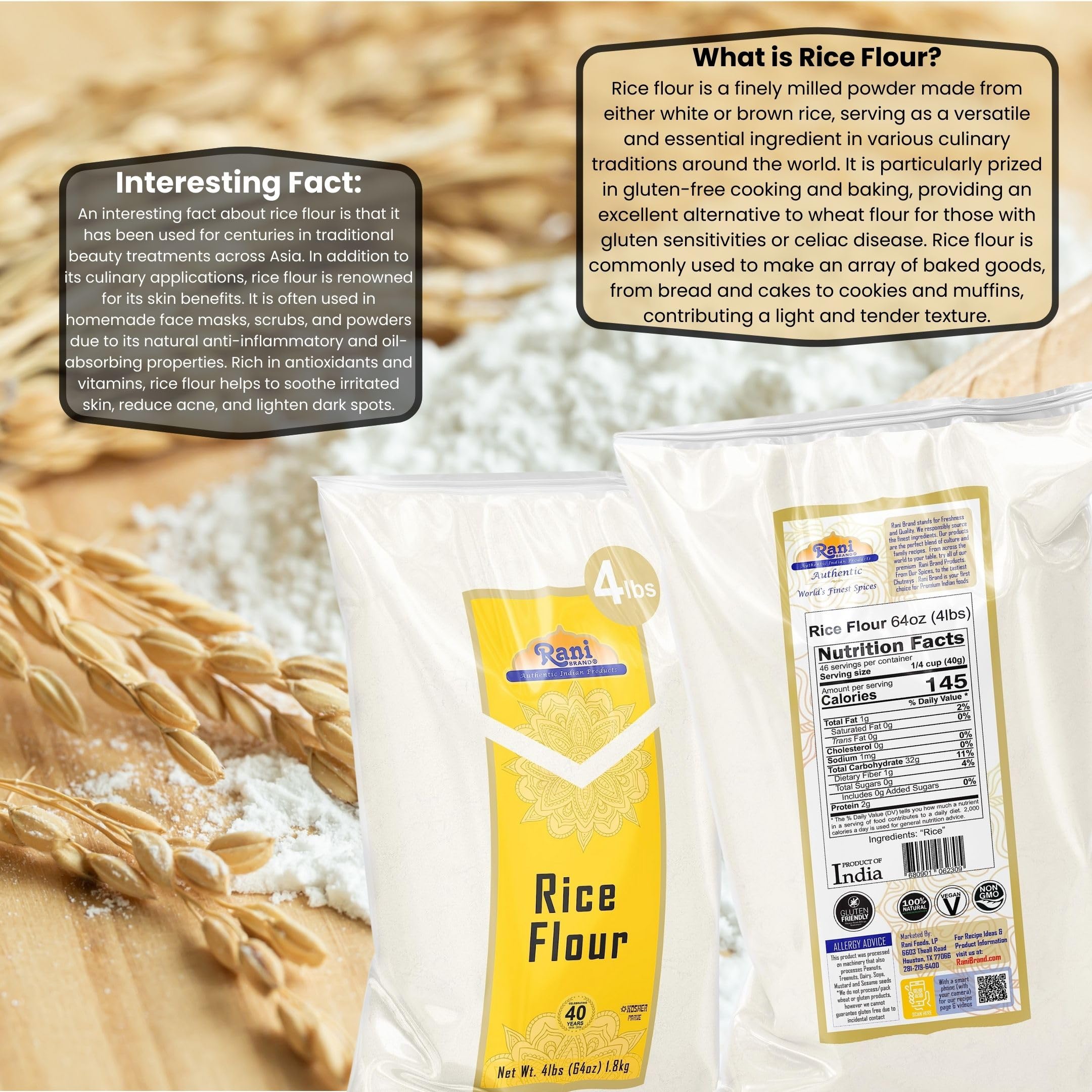 Rani Premium White Rice Flour 64oz (4lbs) 1.81kg - All Natural, Gluten-Free, Vegan, Non-GMO, Kosher Certified | Authentic Indian Origin | Perfect for Baking, Cooking & Gluten-Free Recipes