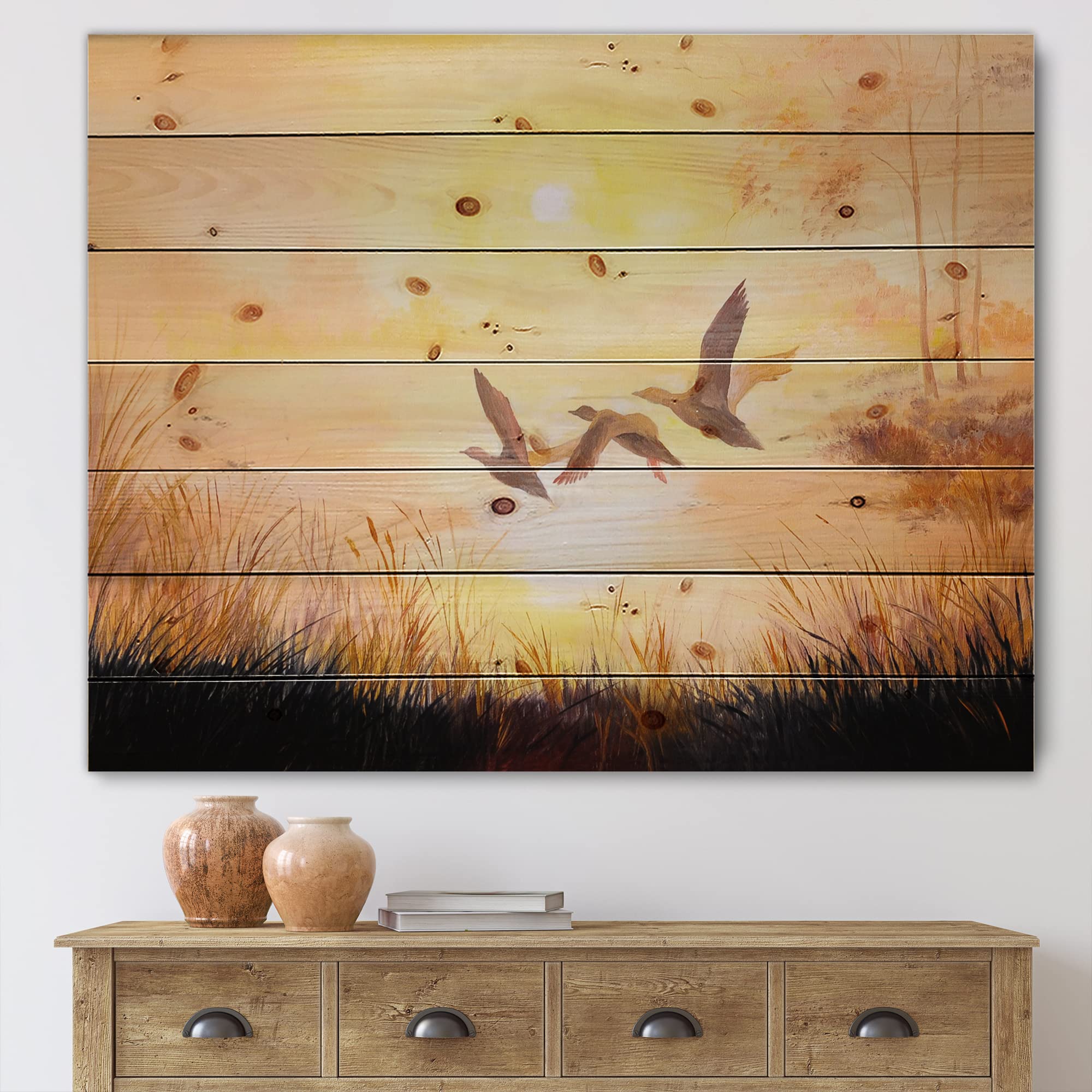 DesignQ Traditional Three Cranes Flying Through Sunset Wood Wall Art - Yellow Large Animal Wall Decor Panel Printed on Natural Pine Wood - Perfect for Living Room, Bedroom & Office Decor