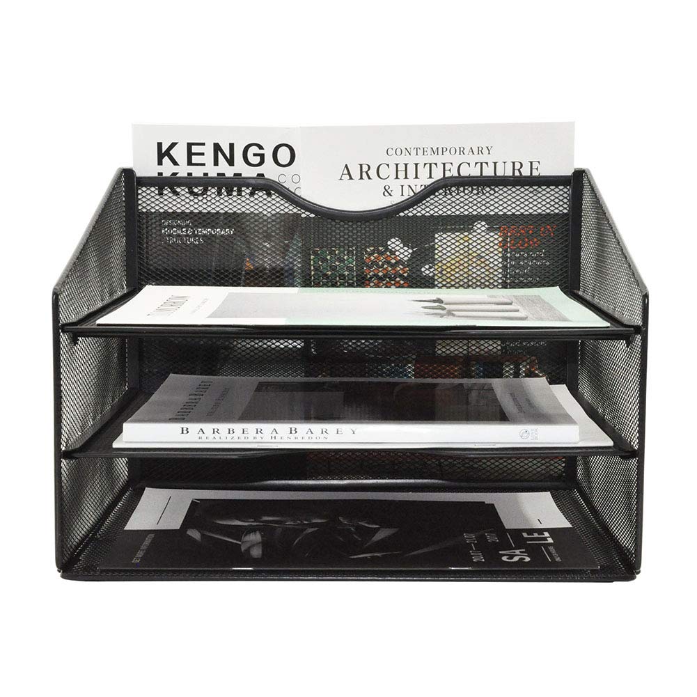 EASEPRES Mesh File Organizer for Office Desk - 3-Tier Paper Letter Tray with Vertical Upright Compartment - Black Desktop File Folder Holder for Documents, Bills, and Office Supplies - Perfect for Home Office, School, and Workspace Organization