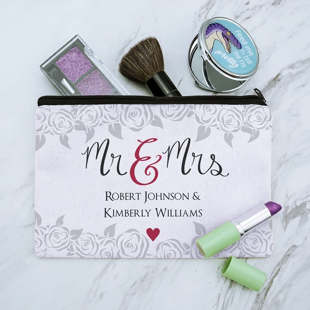 Personalized Mr and Mrs Wedding Makeup Bag - Custom 2 Lines Engraved Cosmetic Pouch Organizer for Bridal Shower, Honeymoon & Travel Essentials