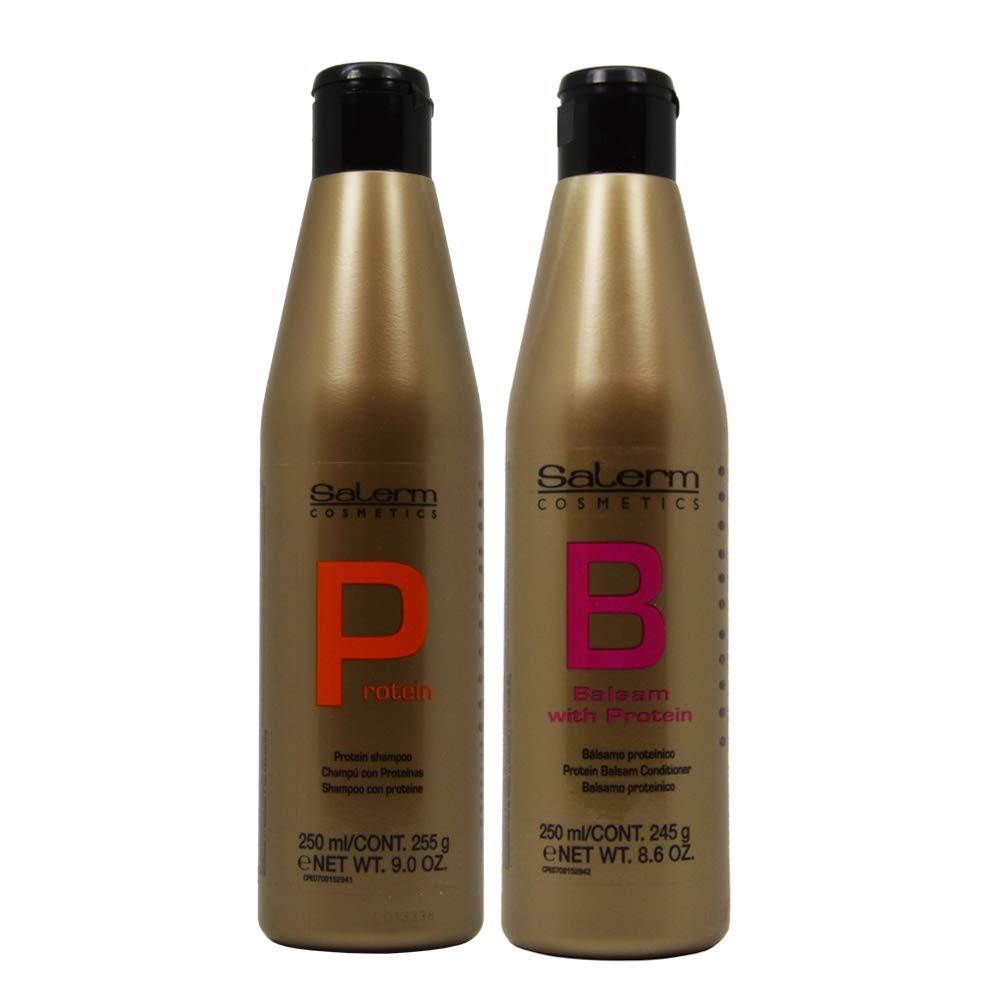 Salerm Cosmetics Protein Shampoo and Conditioner Set for Damaged Hair - 9oz & 8.6oz Duo - Repairing & Hydrating Hair Care - Perfect for Dry, Frizzy, or Color-Treated Hair at Home or Salon Use