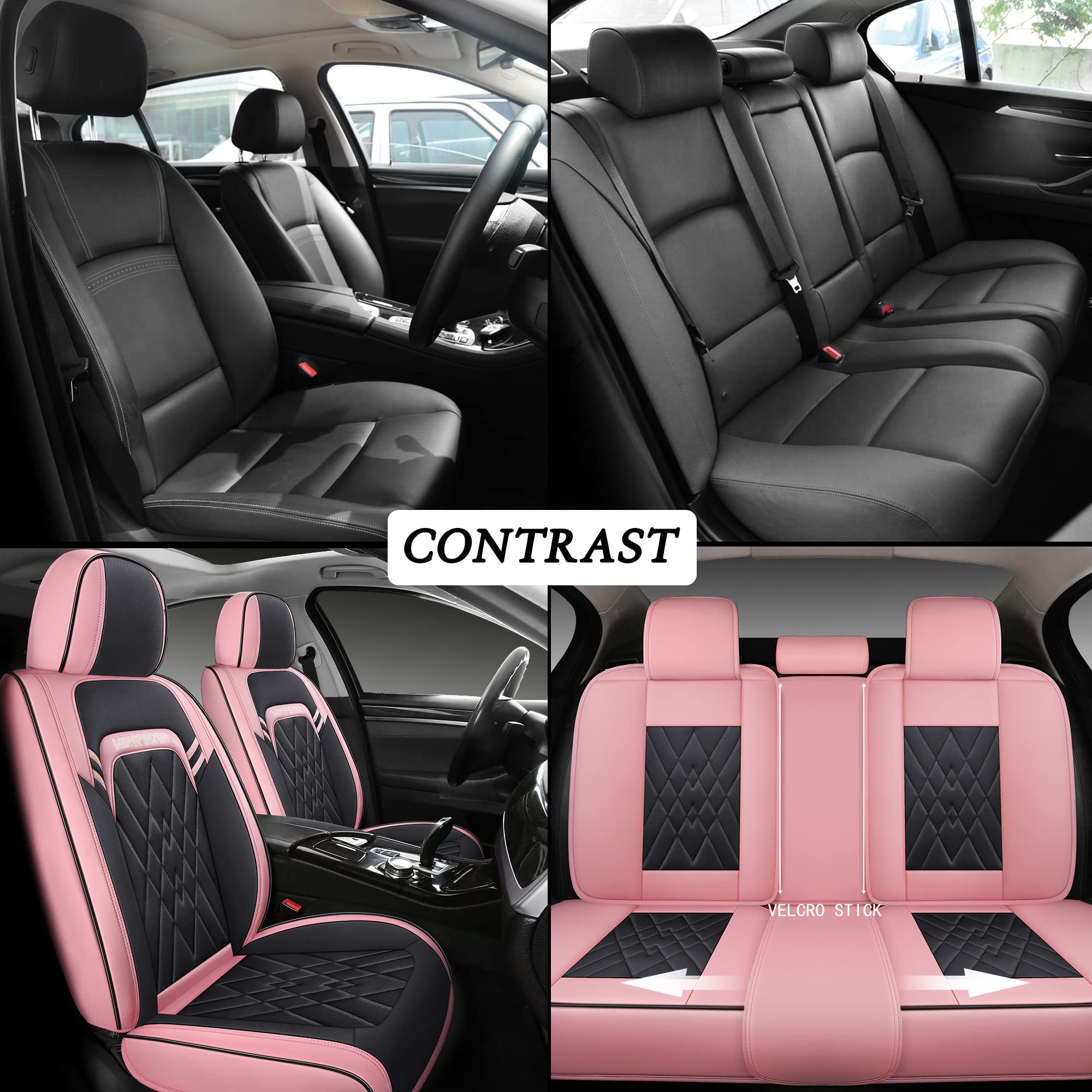 Quiln02 Universal Leather Car Seat Covers - 5-Piece Set Fits Most Cars, SUVs & Pickup Trucks | Airbag Compatible | Black & Pink | Premium Protection & Style for Daily Commute, Road Trips & Family Travel
