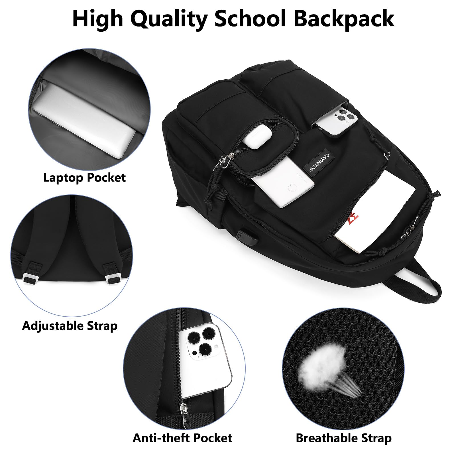 17.3 Inch Laptop Backpack for Women & Men - USB Charging Port School Bookbag for College Students, Teens, Boys & Girls | Durable Black Backpack for Work, Travel & Everyday Use
