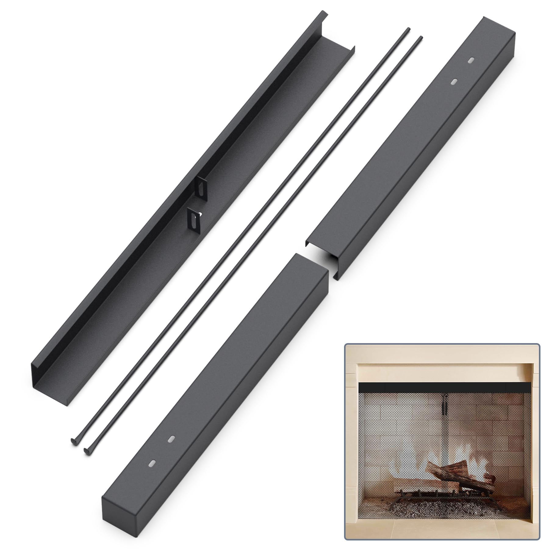 Flamorrow Adjustable Fireplace Curtain Rod & Valance Kit - Black Metal Spark Screen & Mesh Screen Curtain Rod Set for Fireplace Safety - Perfect for Living Room, Bedroom, and Home Decor