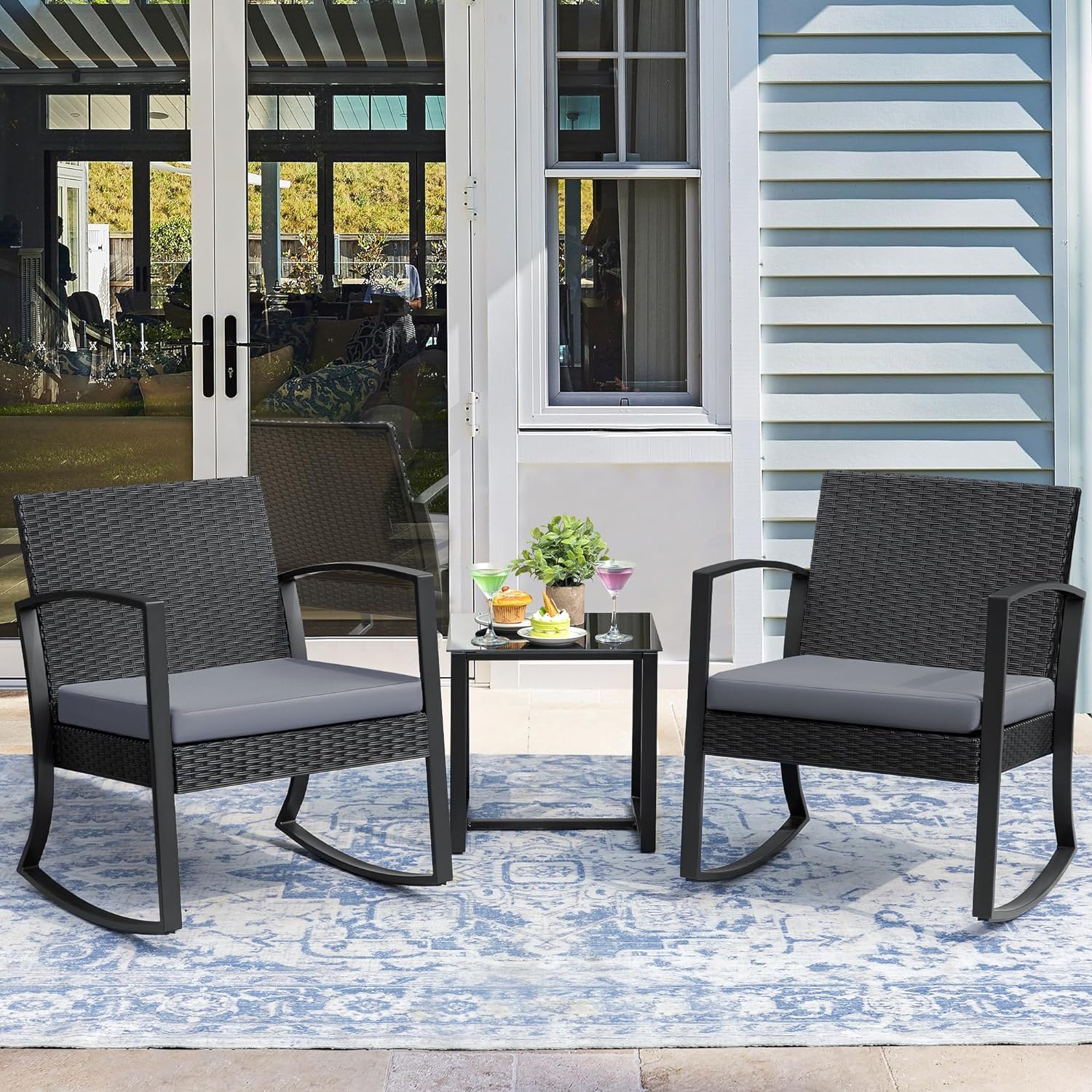 Homall 3-Piece Outdoor Patio Furniture Set - Resin Bistro Table & Rocking Chairs with Cushions for Porch, Poolside, Balcony, Yard (Grey) - Perfect for Relaxing, Entertaining & Outdoor Dining