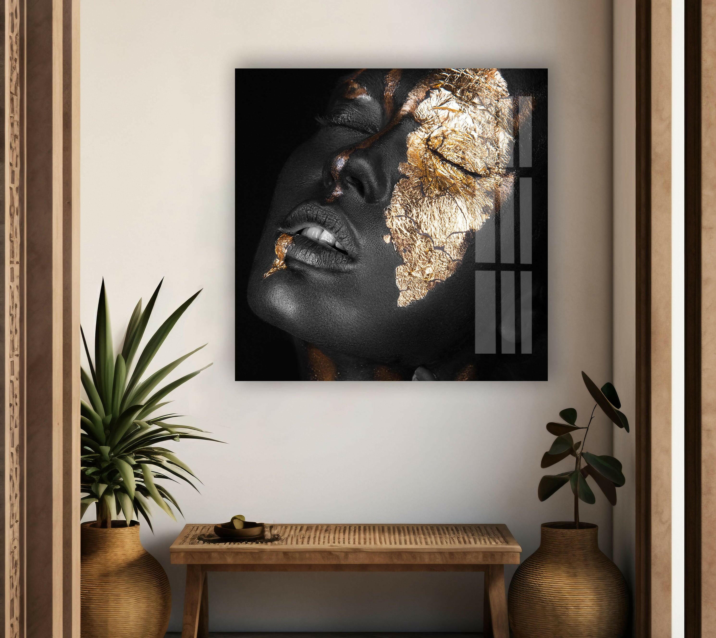 Elegant Black Woman Gold Glass Wall Art - Modern Home Decor for Living Room, Bedroom & Office