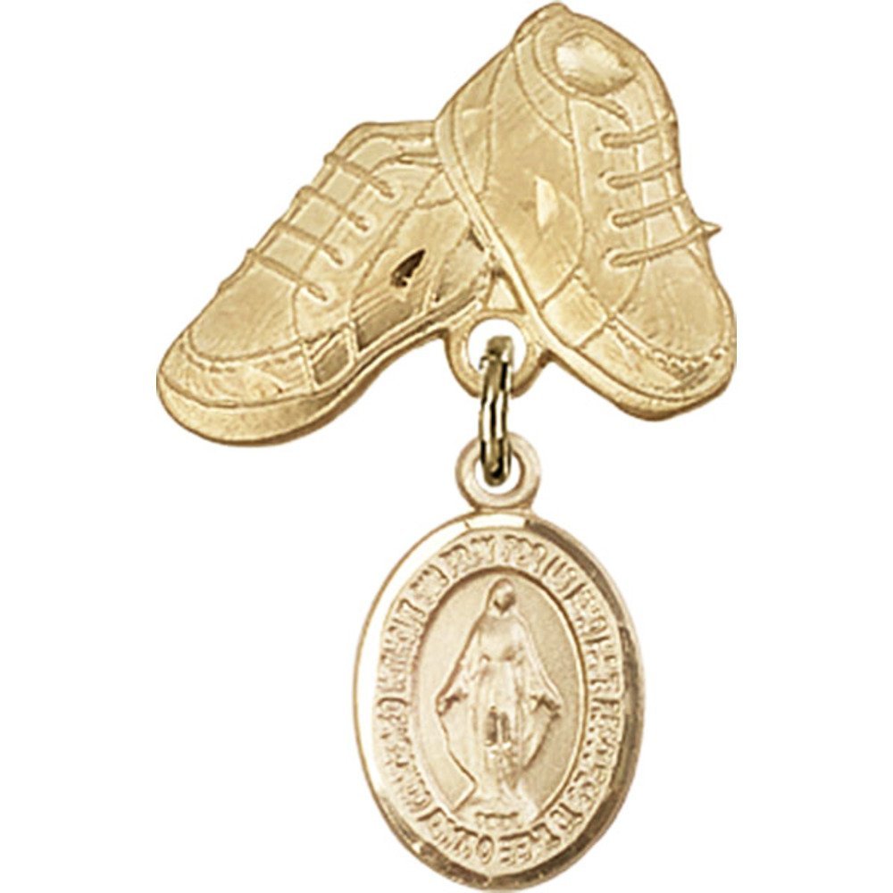 Bonyak Jewelry Gold Filled Saint Medal Charm with Baby Boots Pin - 1 X 5/8 Inch Religious Pendant for Baptism, First Communion & Baby Shower Gifts